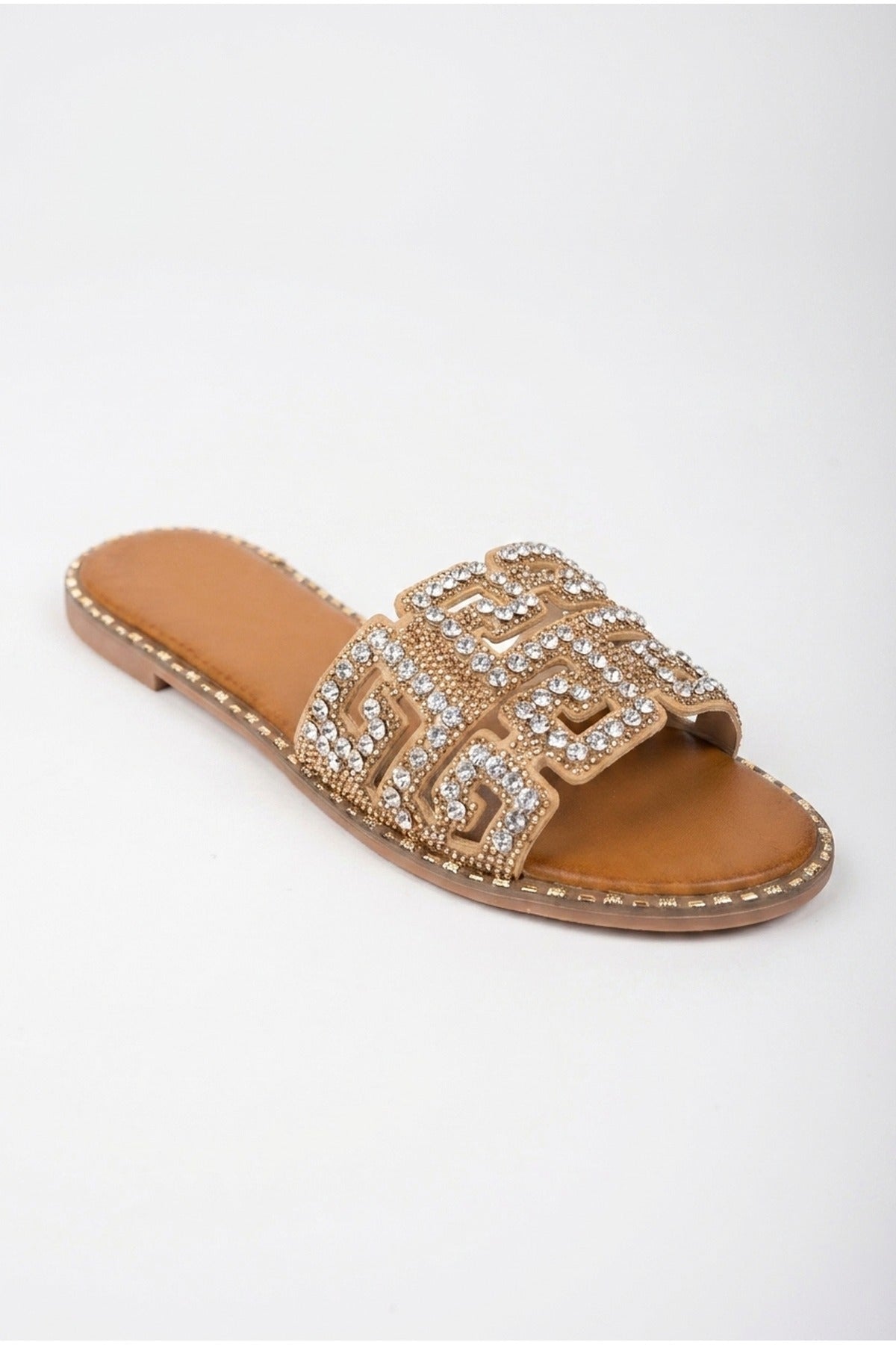 Pearl Geometric Rhinestone Embellished Sliders - Gold