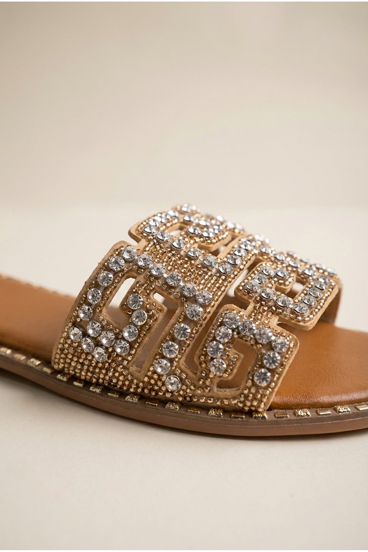 Pearl Geometric Rhinestone Embellished Sliders - Gold