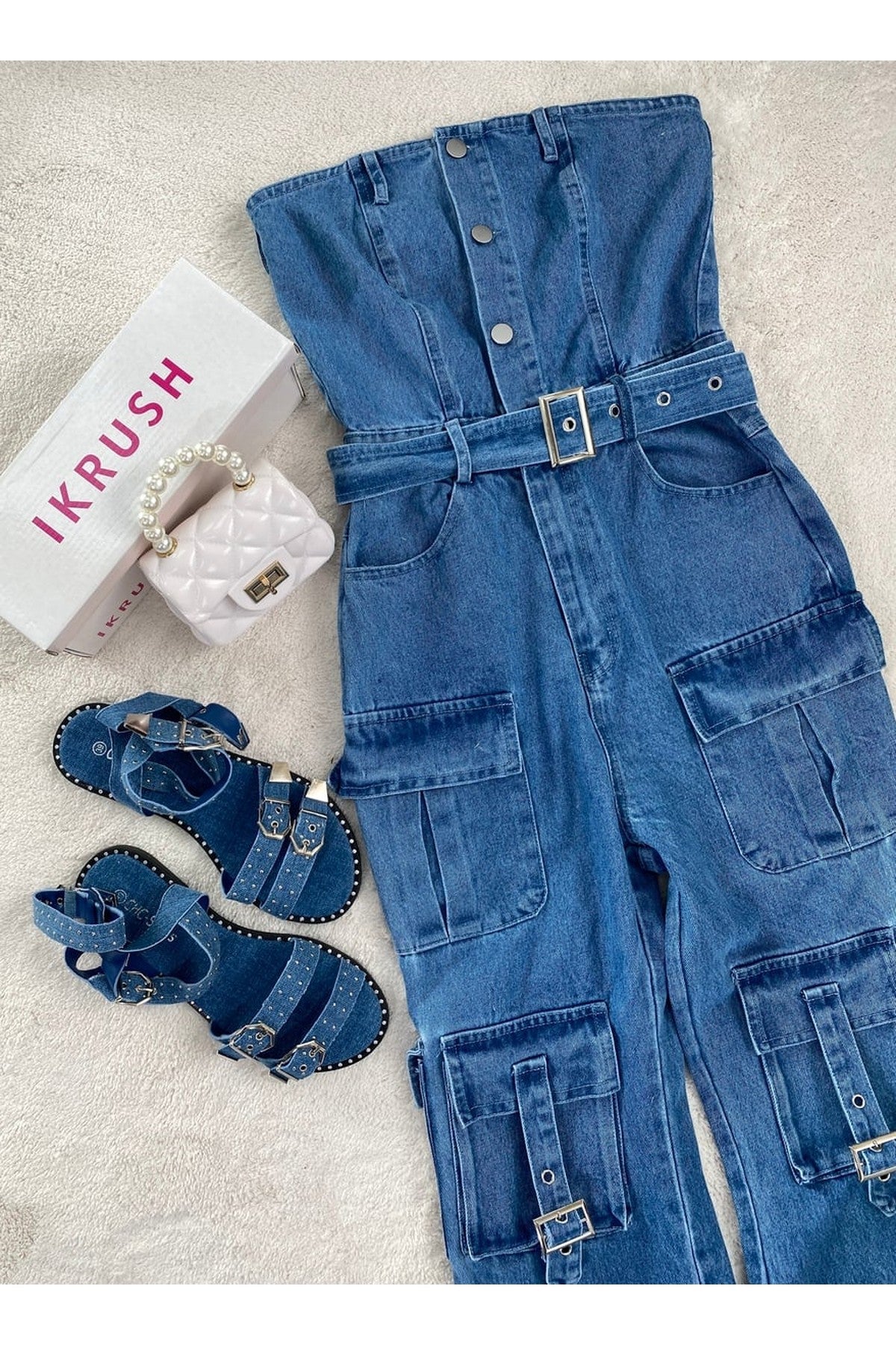 Giselle Multi Pockets Strapless Cargo Jumpsuit - Blue