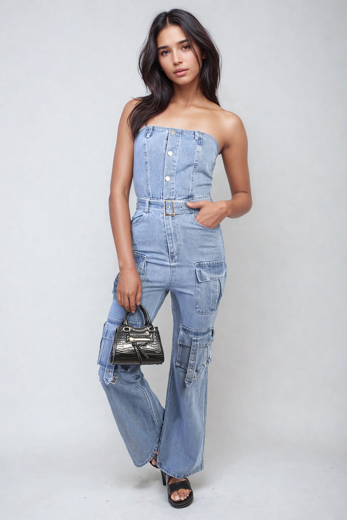 Giselle Multi Pockets Strapless Cargo Jumpsuit - Blue