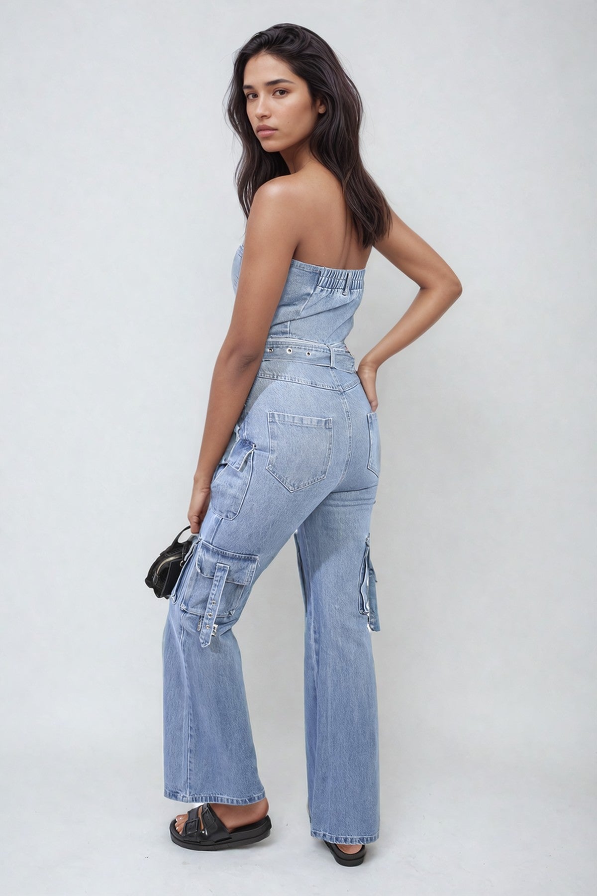 Giselle Multi Pockets Strapless Cargo Jumpsuit - Blue
