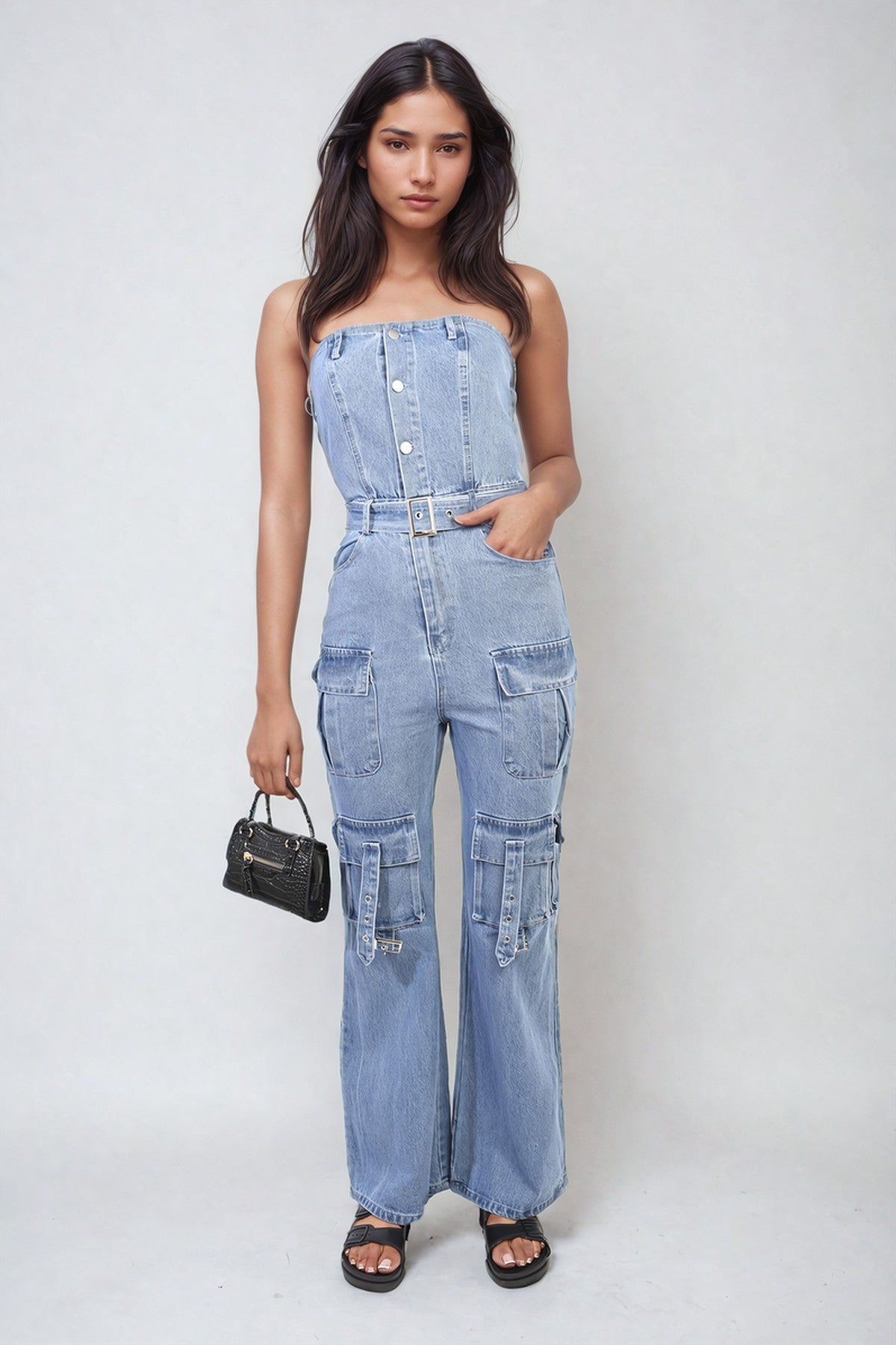 Giselle Multi Pockets Strapless Cargo Jumpsuit - Blue