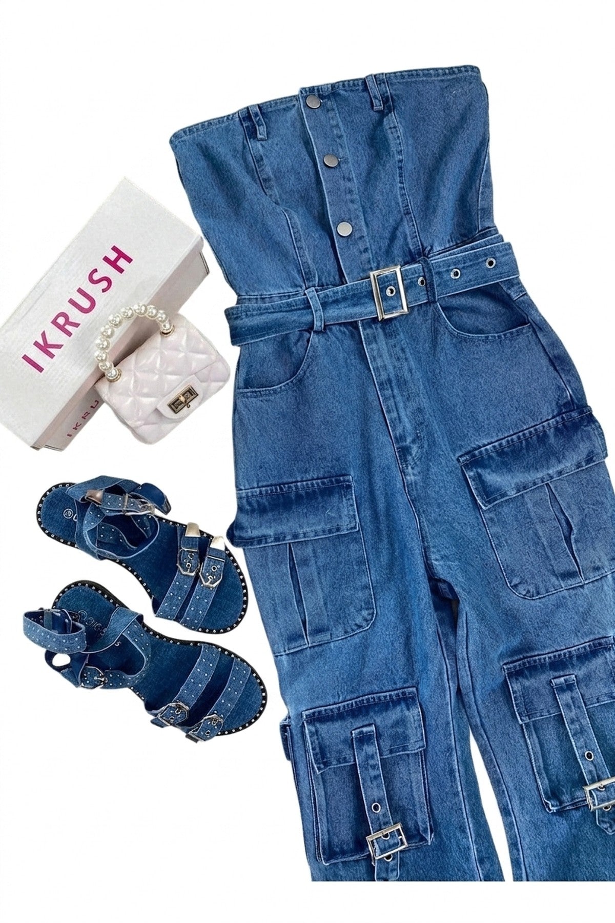Giselle Multi Pockets Strapless Cargo Jumpsuit - Blue_wb