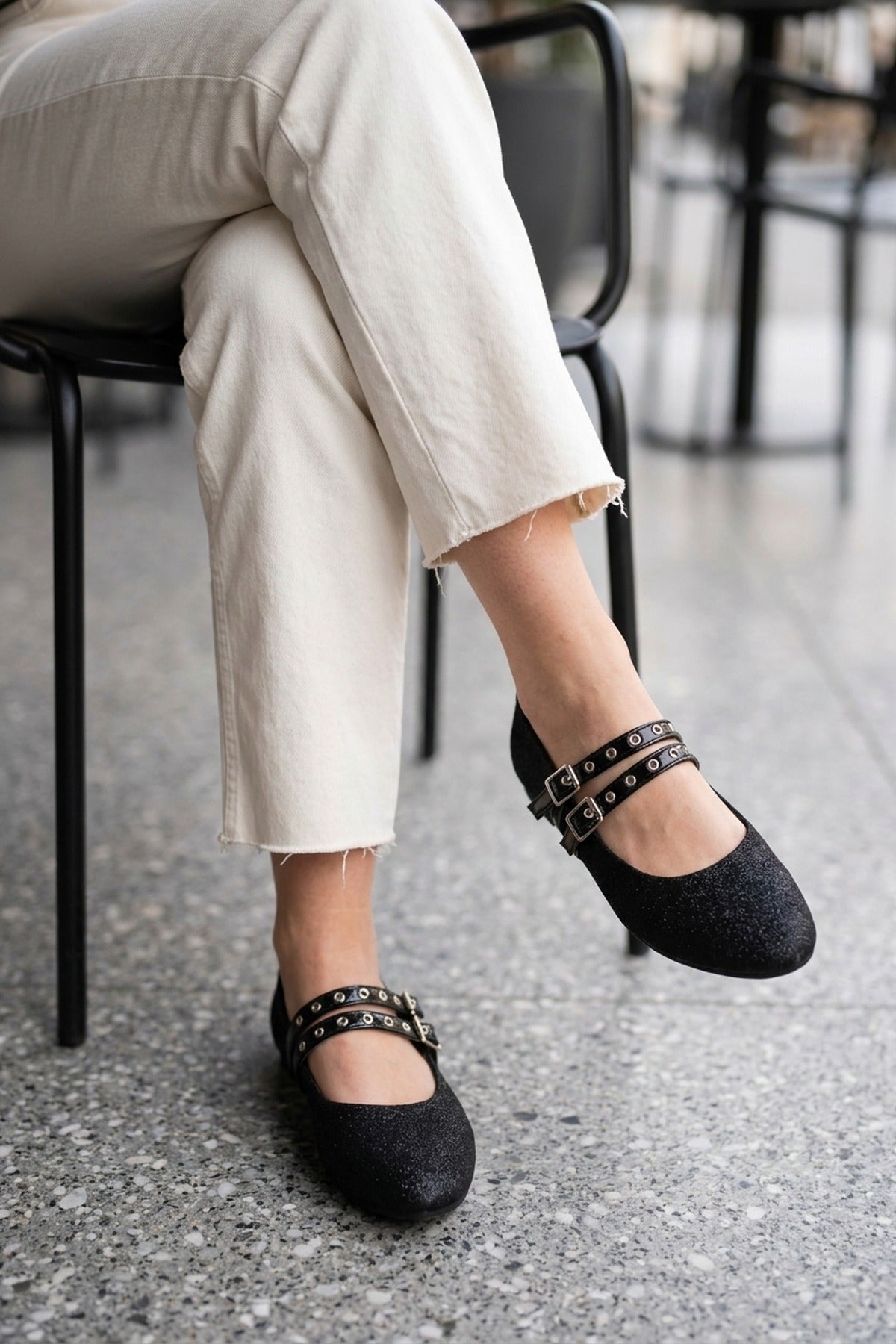 Cordelia Glittery Mary Jane Flats - Black