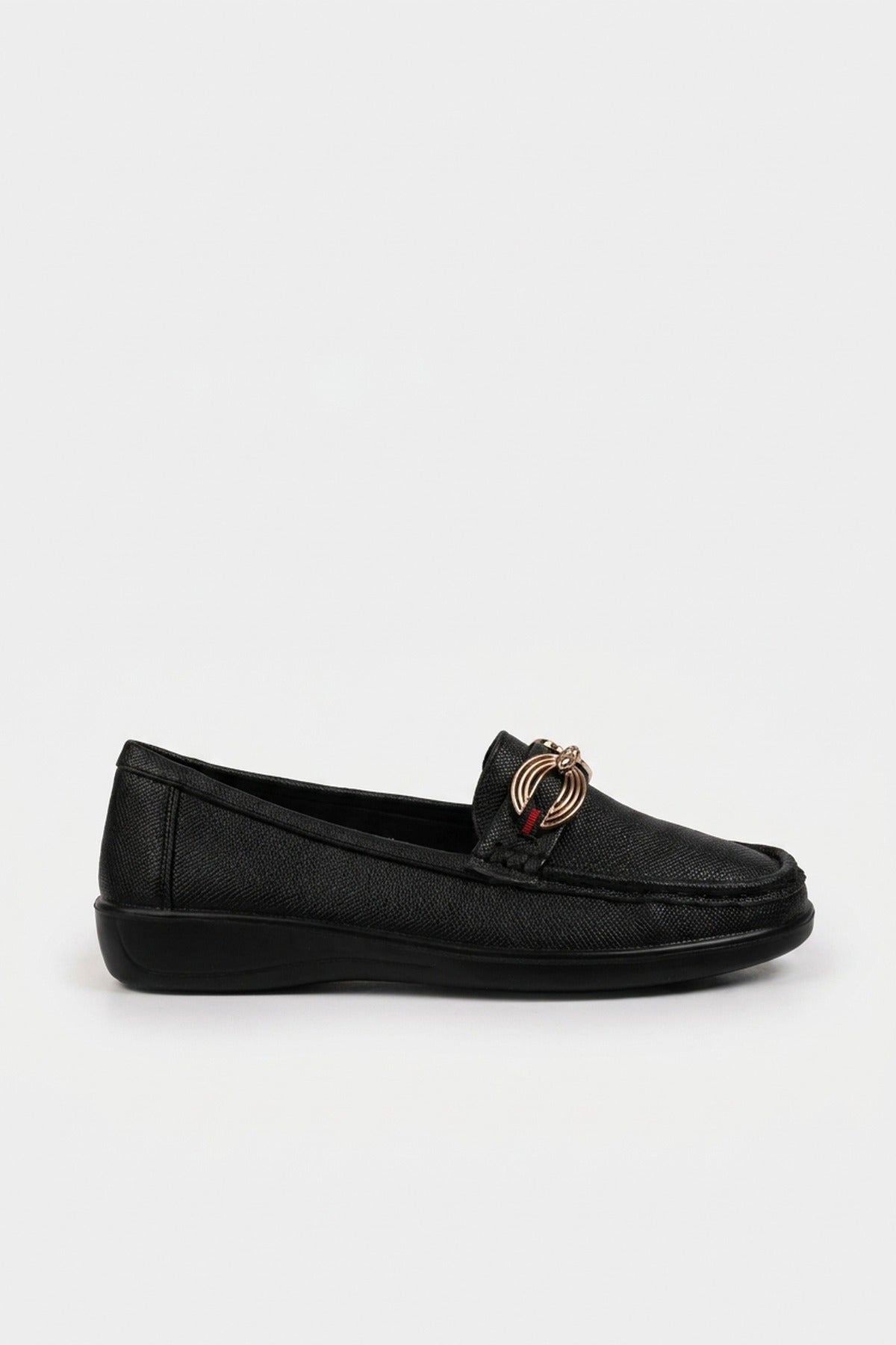 Ffion Gold Buckle Textured Loafers - Black