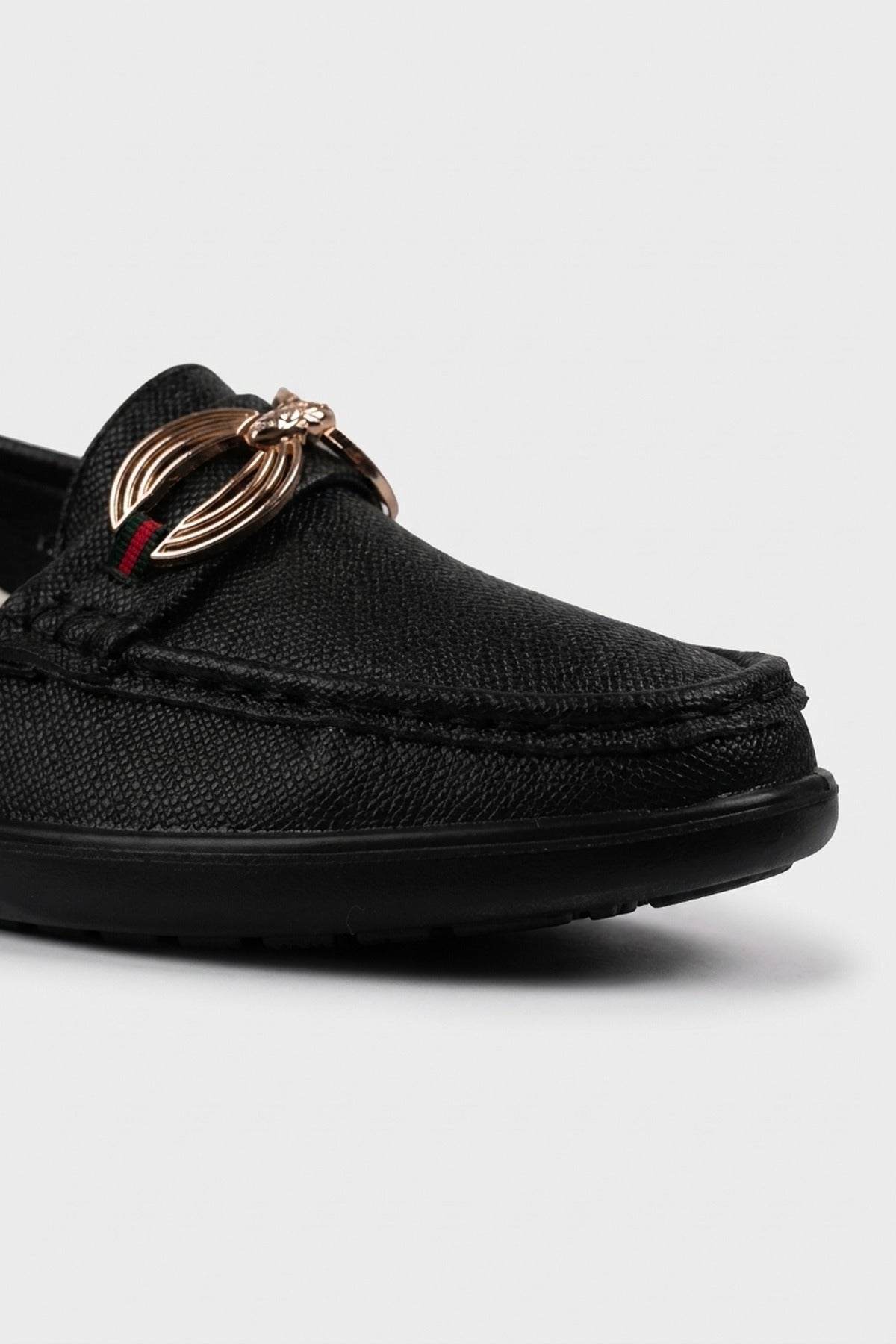 Ffion Gold Buckle Textured Loafers - Black