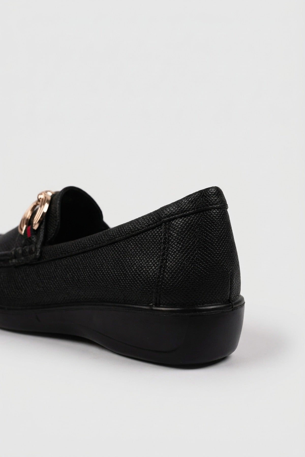 Ffion Gold Buckle Textured Loafers - Black