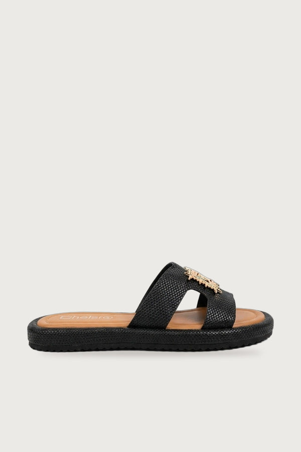 Amber Gold Woven Buckle Slides - Black