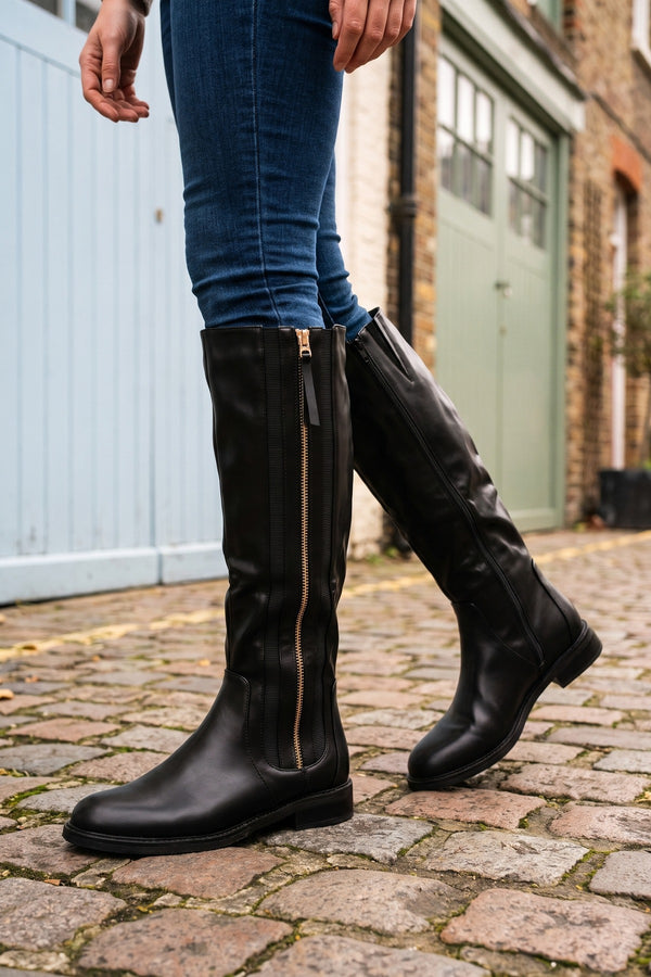 Ebba Gold Zip Knee High Riding Boots - Black