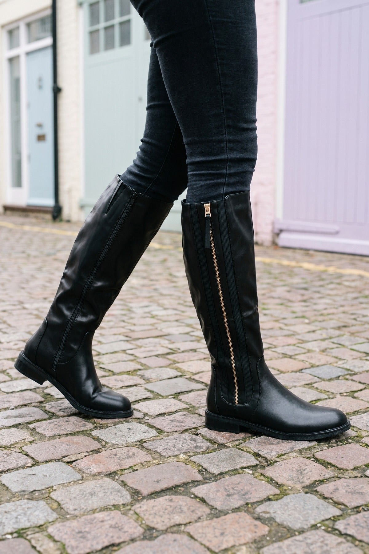 Ebba Gold Zip Knee High Riding Boots - Black