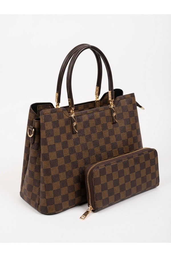 Grace Checkered Bag & Wallet Set - Brown