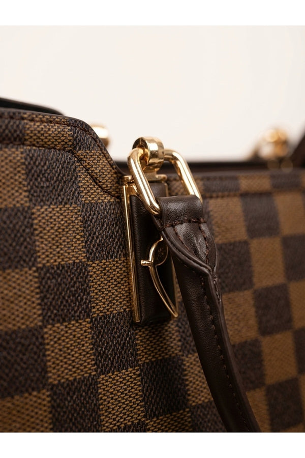 Grace Checkered Bag & Wallet Set - Brown