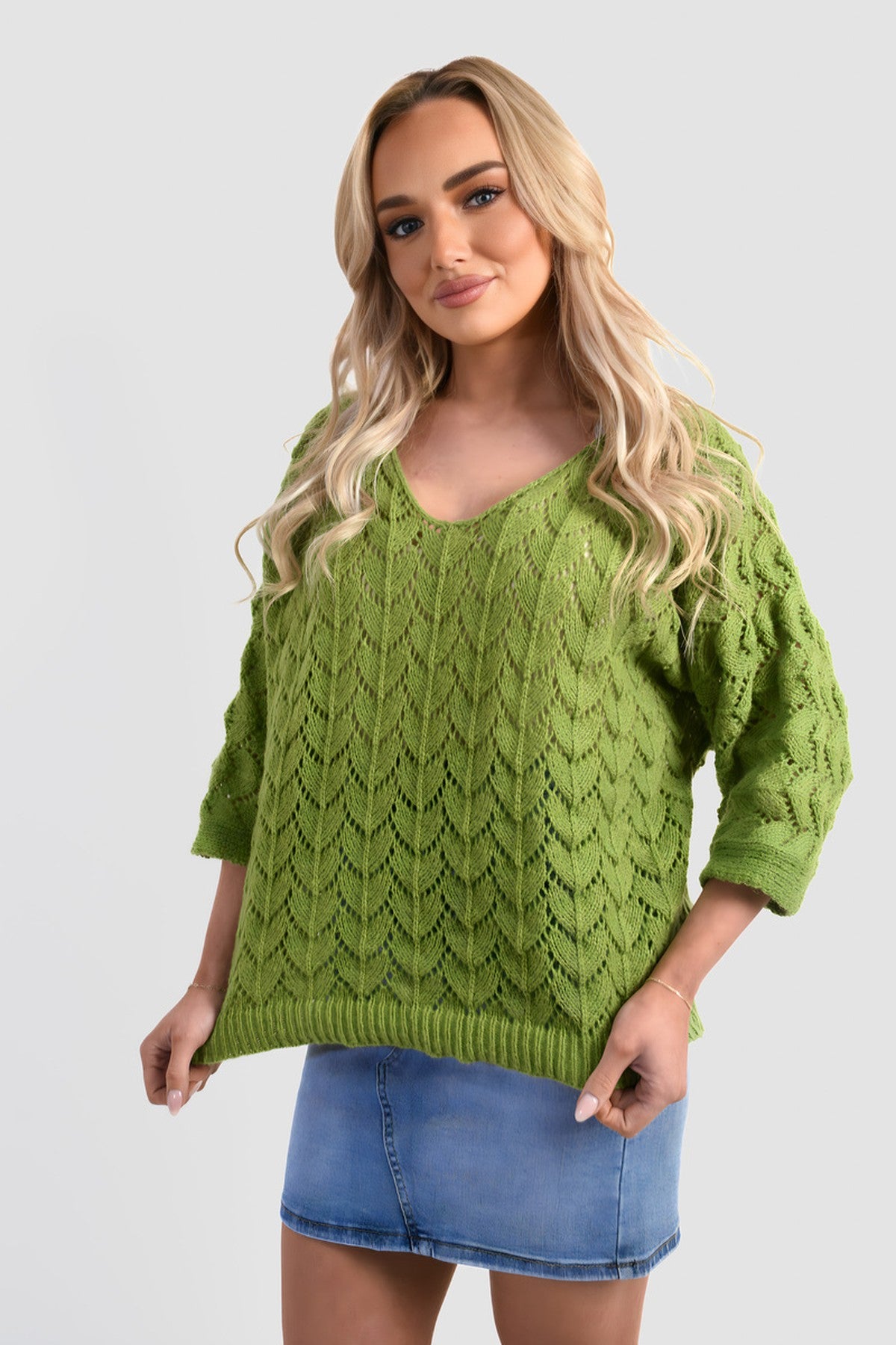 Eliza Half Sleeve Chunky Cable Knit Jumper - Green
