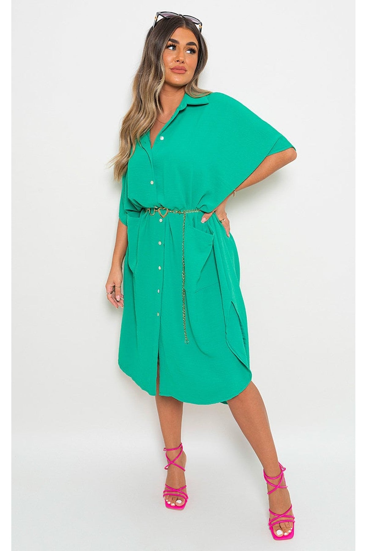 Nancy Button Down Collared Midi Dress With Two Front Pockets - Green