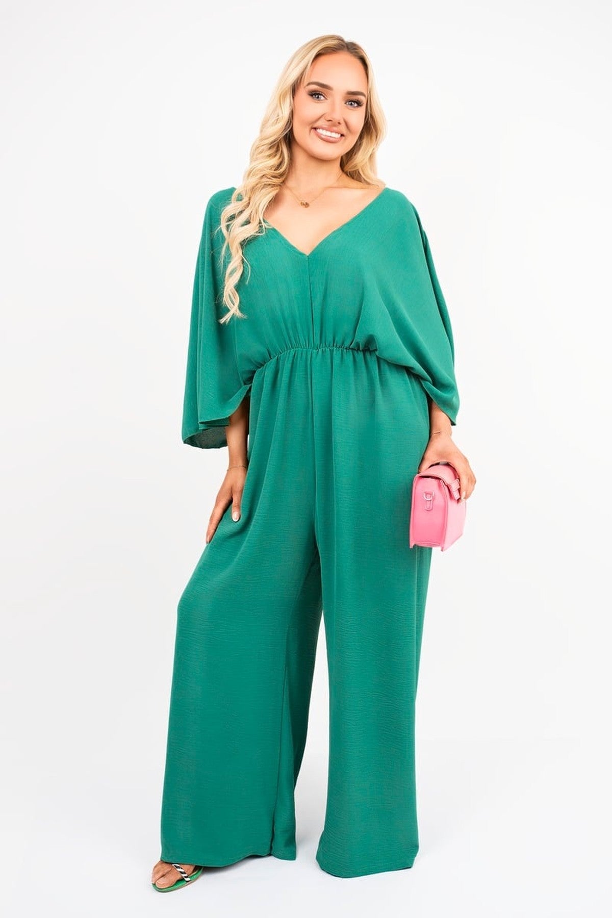 Maysa Wide Leg V Neck Jumpsuit With Back Tie Detail - Green
