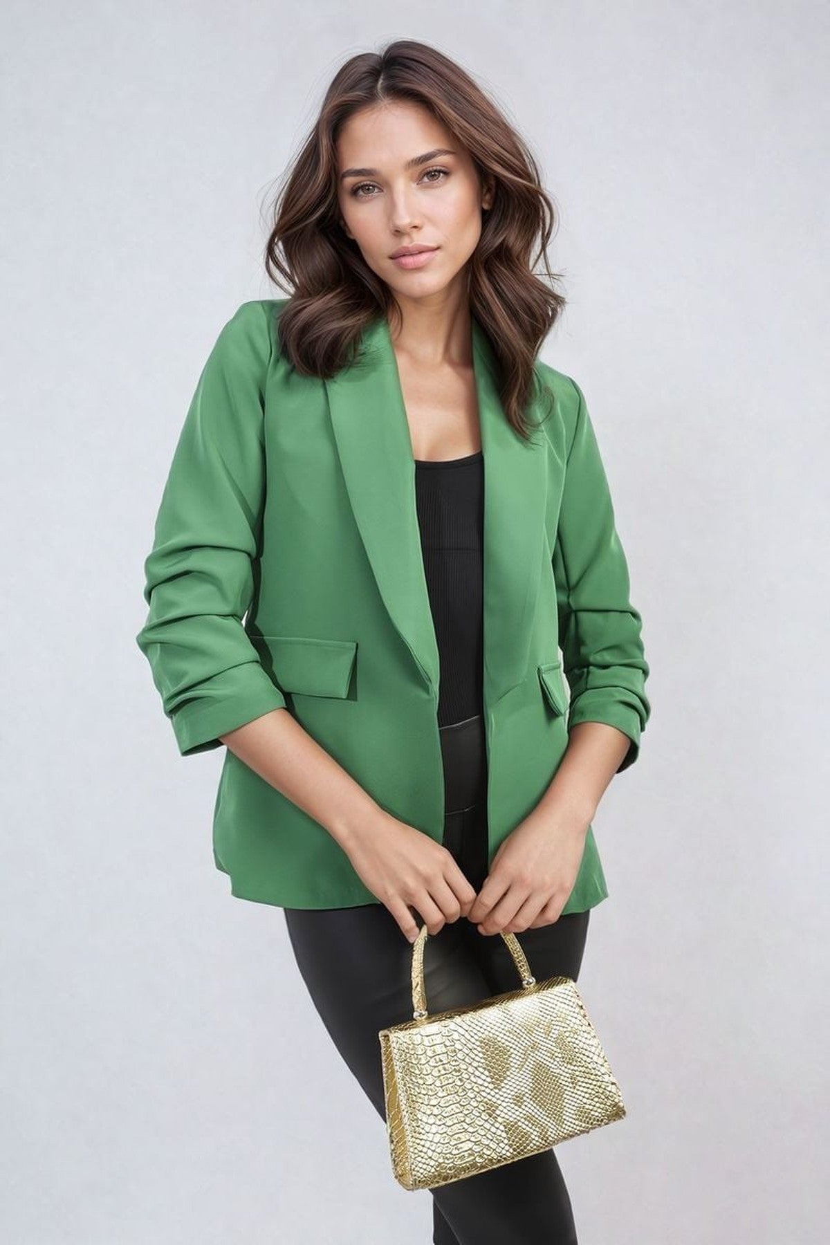 Valerie Ruched Sleeve Open Front Blazer Jacket With Front Pockets - Green