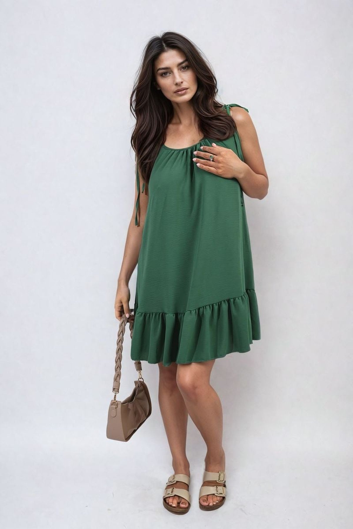 Faye Backless Tie-up Spaghetti Strap Frill Hem Mini Dress - Green