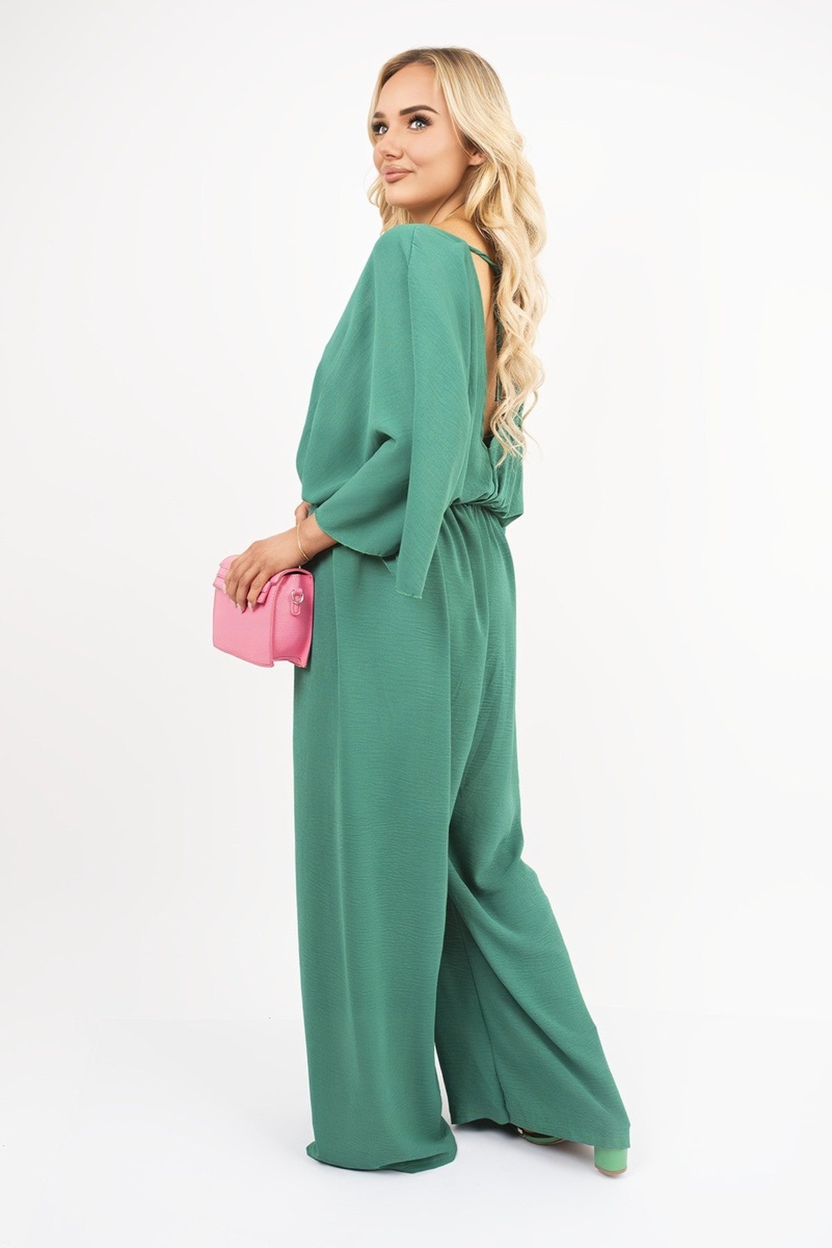 Maysa Wide Leg V Neck Jumpsuit With Back Tie Detail - Green