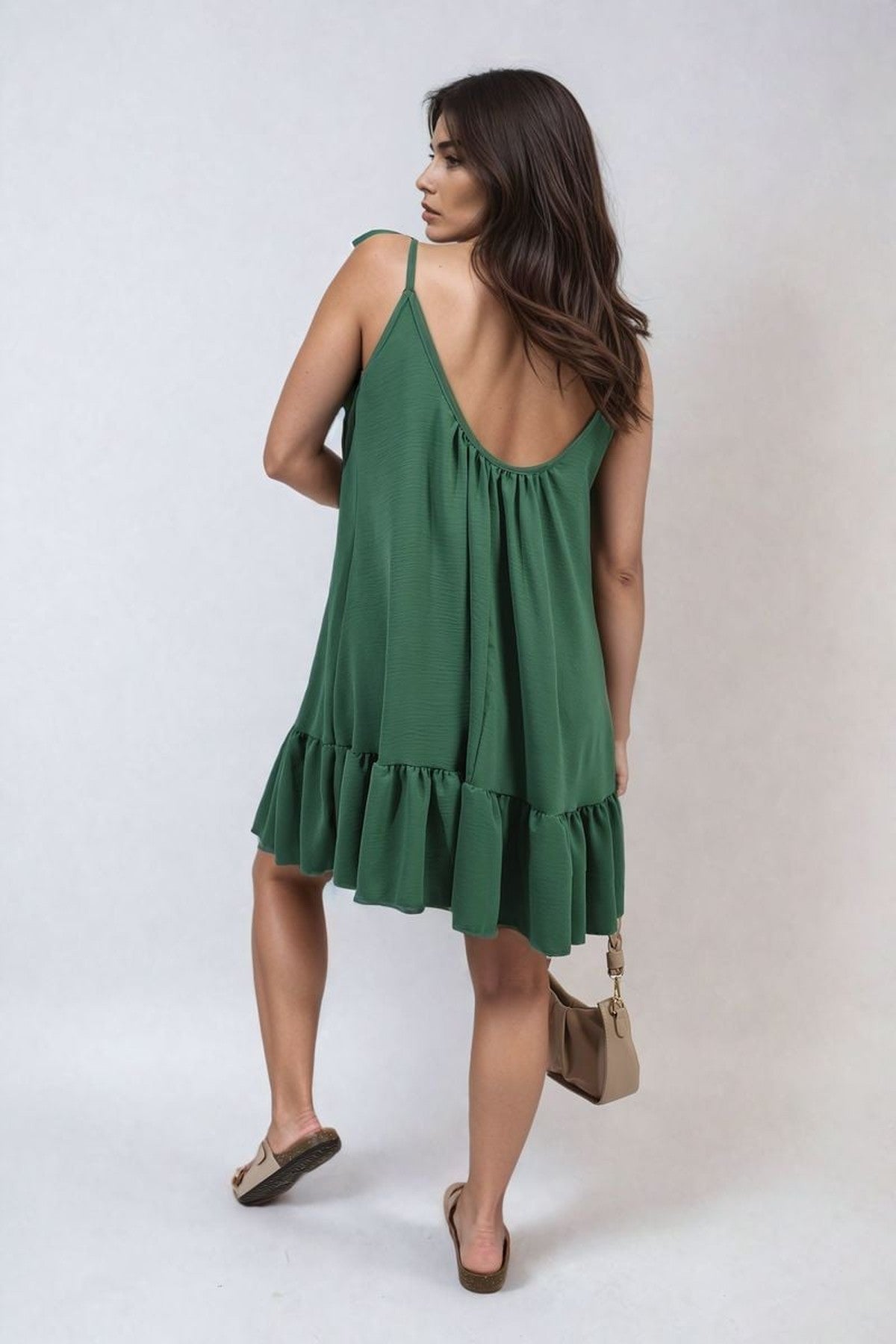 Faye Backless Tie-up Spaghetti Strap Frill Hem Mini Dress - Green