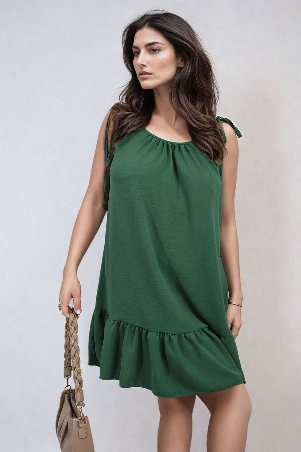 Faye Backless Tie-up Spaghetti Strap Frill Hem Mini Dress - Green