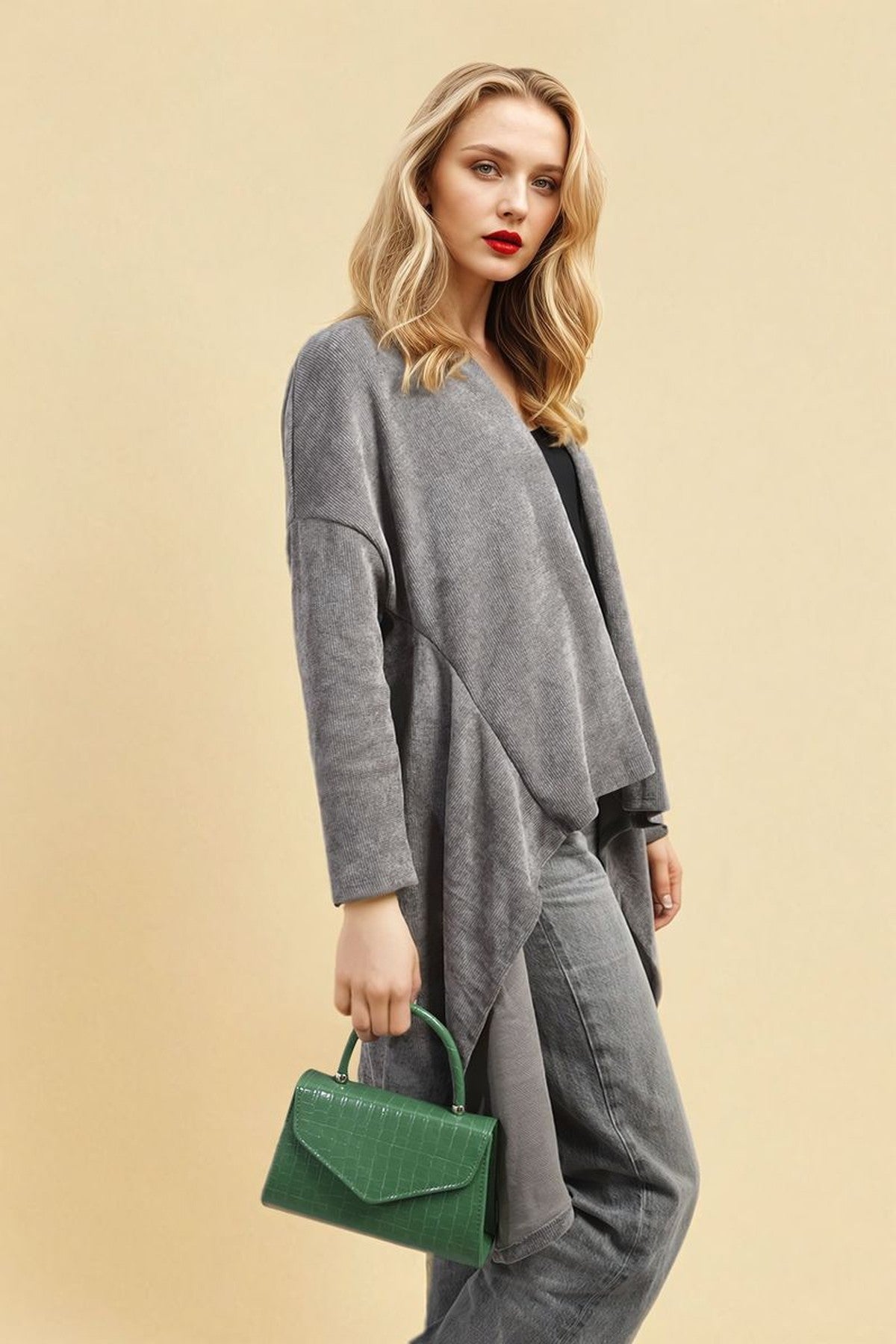 Lydia Open Front Long Back Knitted Cardigan - Grey