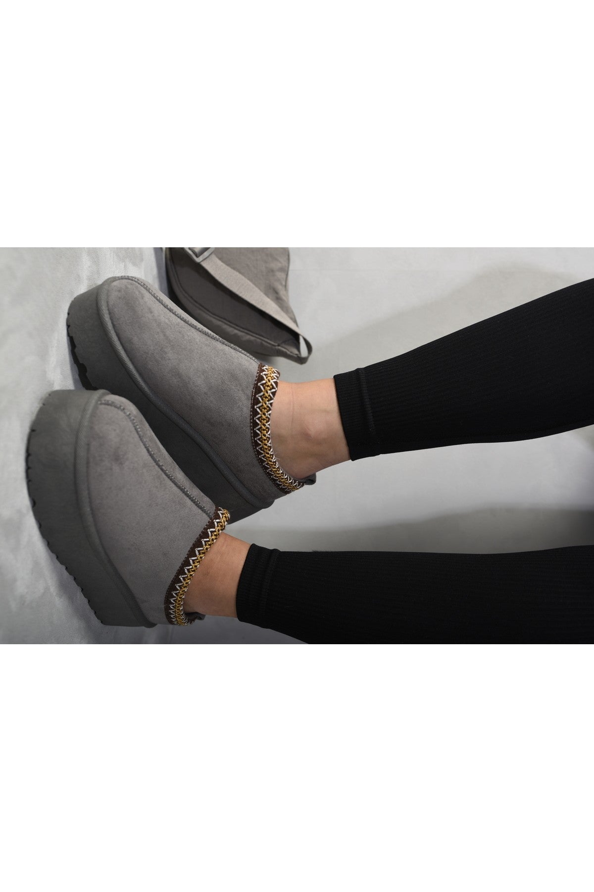 Jolene Aztec Detail Low Ankle Platform Slipper Boots - Grey