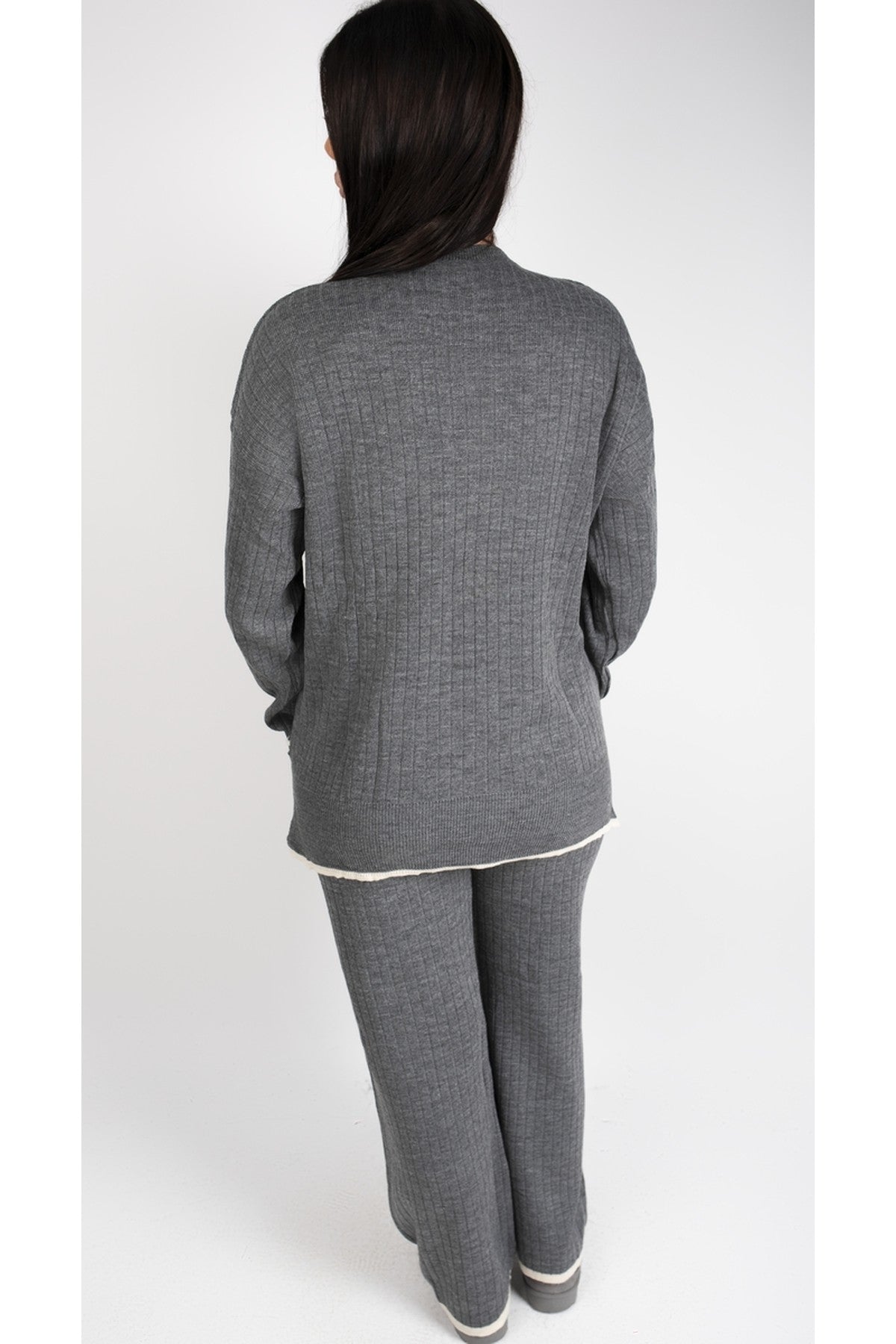 Lara Ribbed Contrast Trim Top And Wide Leg Trouser Co-ord Set - Grey
