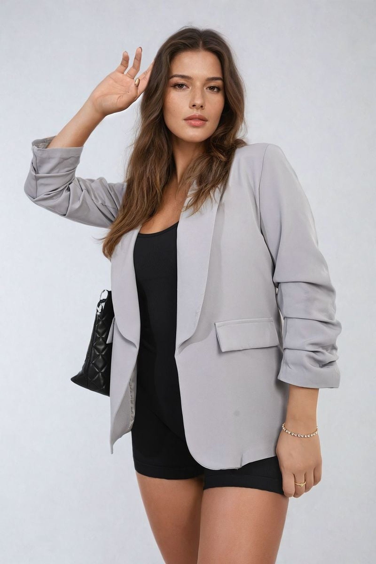 Valerie Ruched Sleeve Open Front Blazer Jacket With Front Pockets - Grey