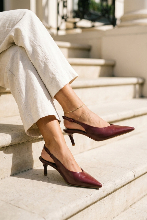 Cordelia Pointed Toe Slingback Kitten Heels - Wine