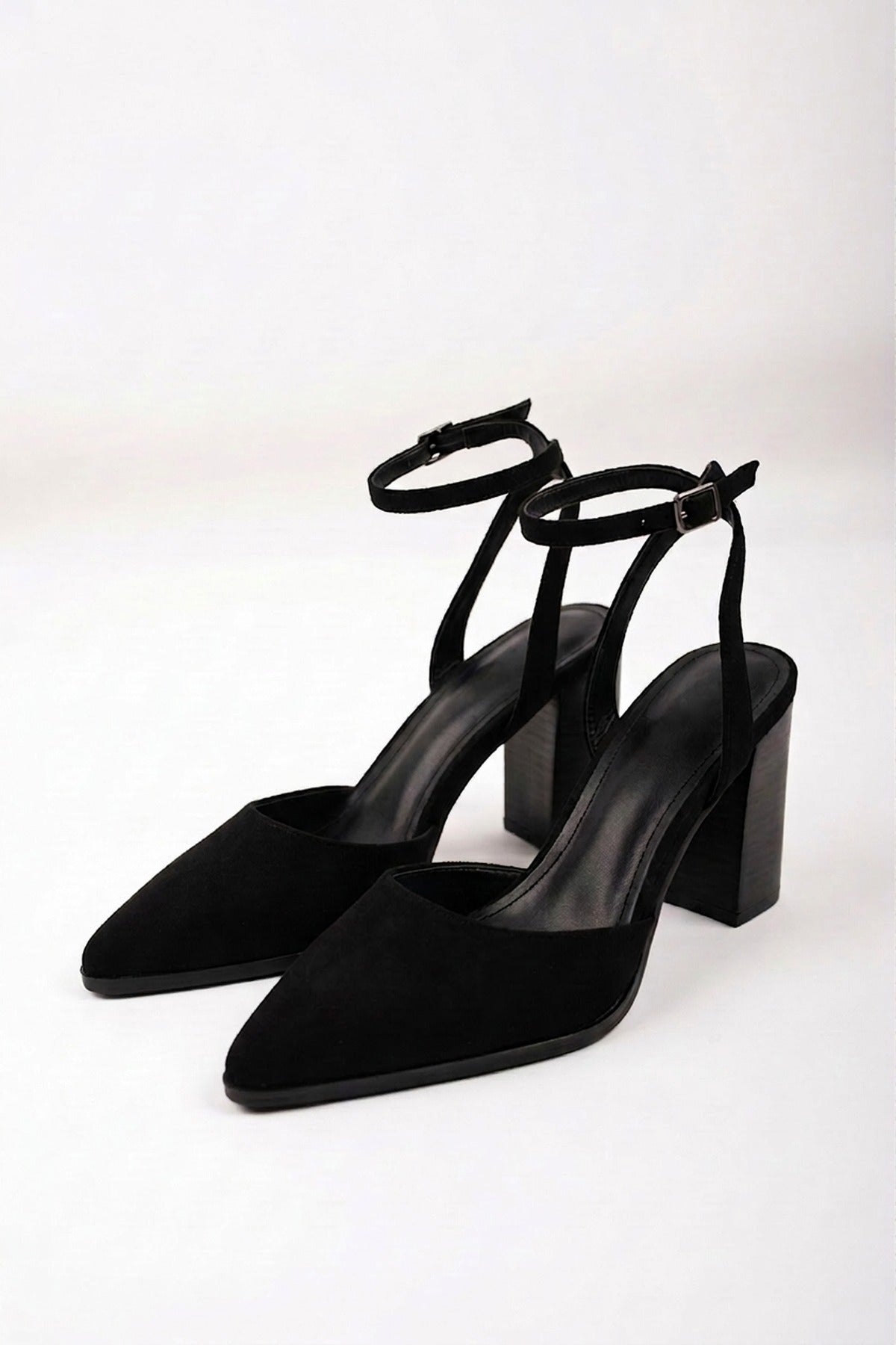 Edie Faux Suede Ankle Wrap Block Heels - Black