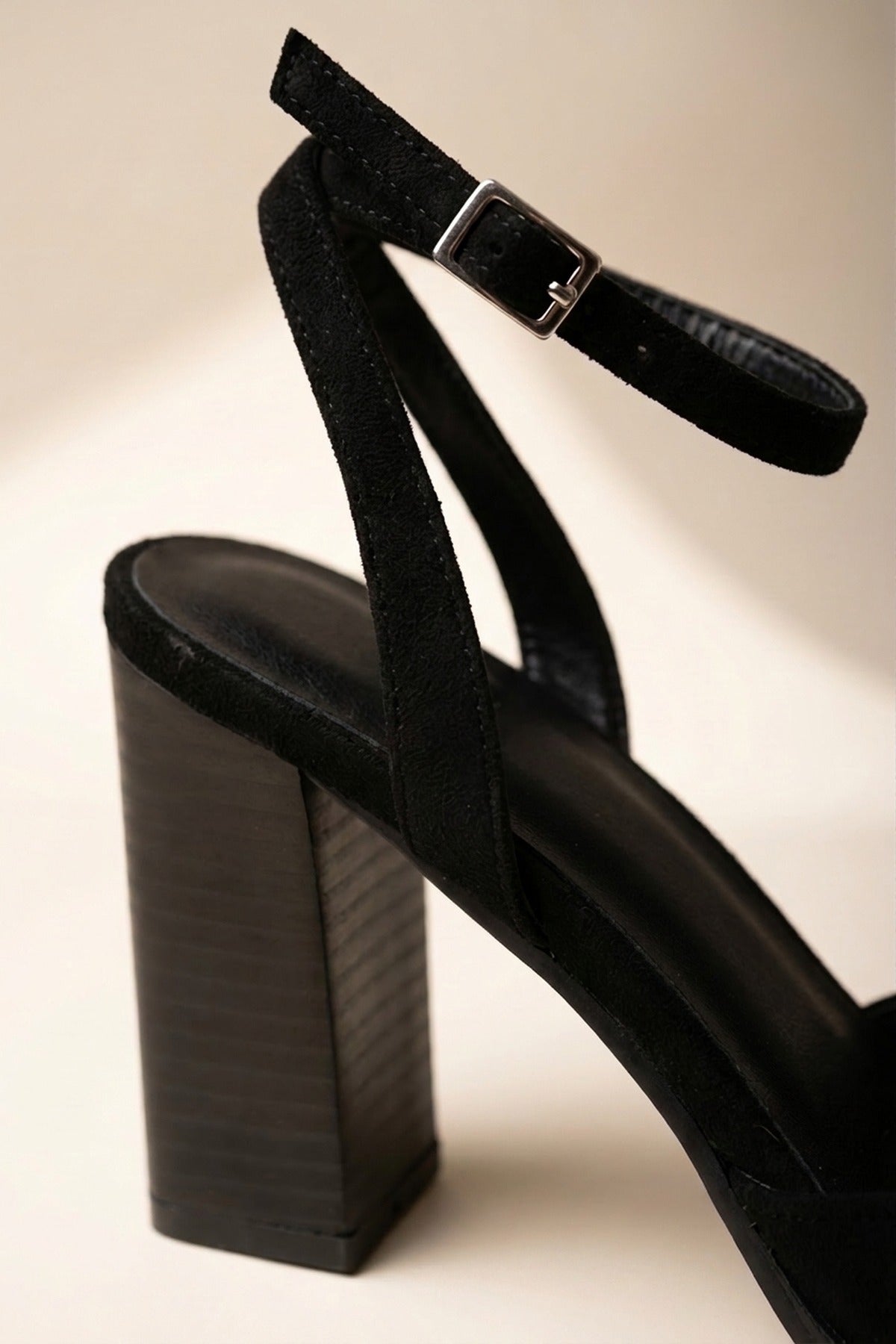 Edie Faux Suede Ankle Wrap Block Heels - Black