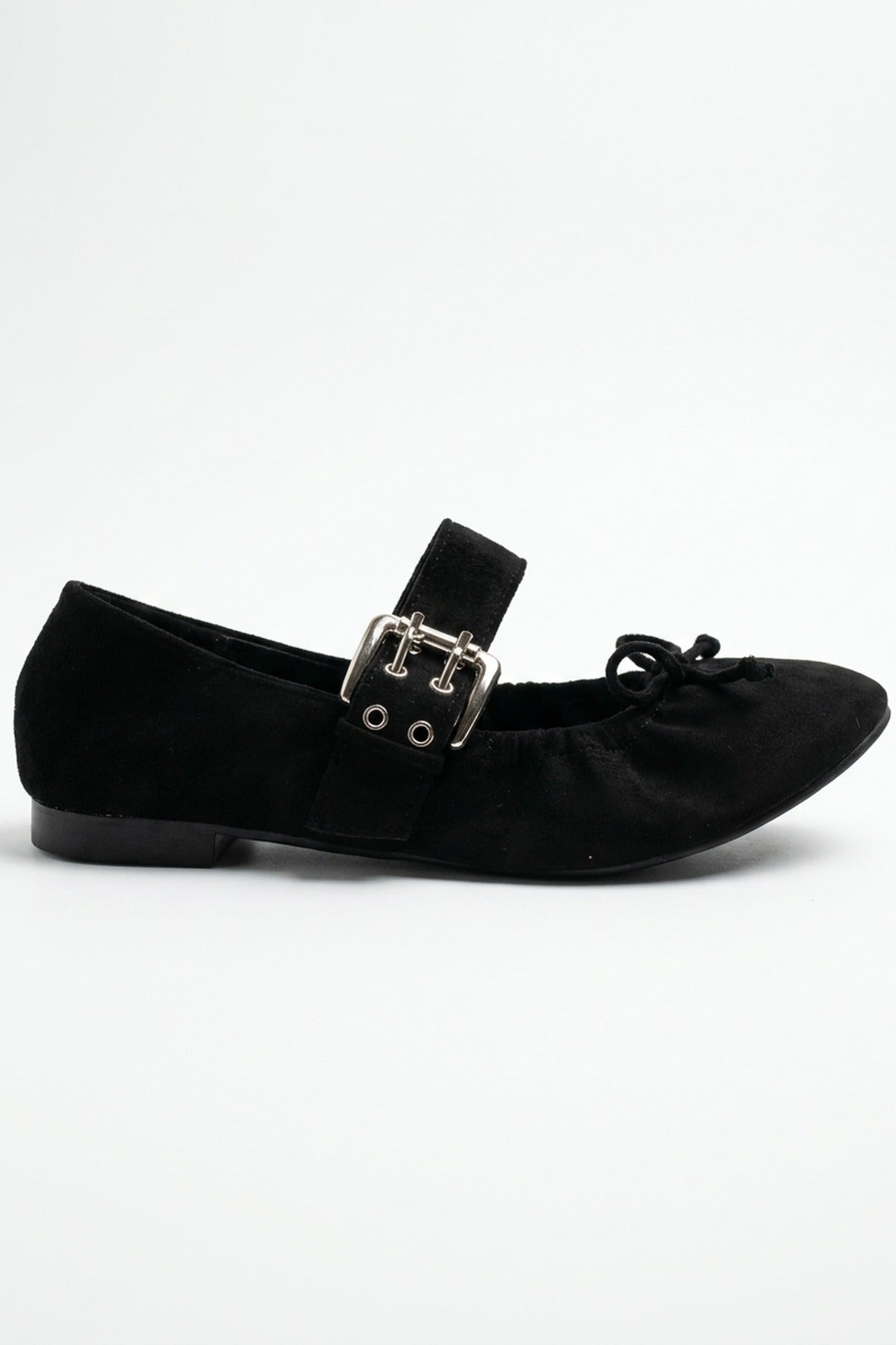 Pearl Ruched Buckle Strap Ballet Flats - Black