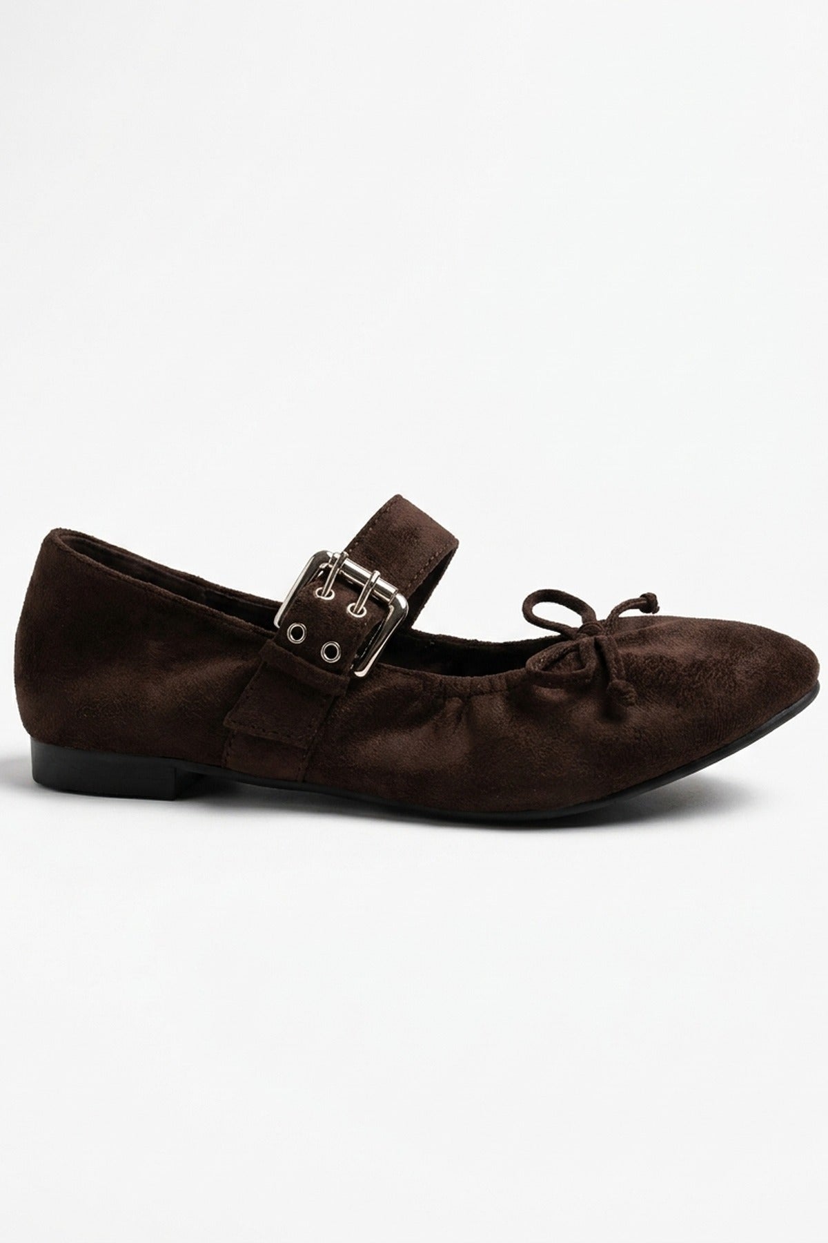 Pearl Ruched Buckle Strap Ballet Flats - Brown
