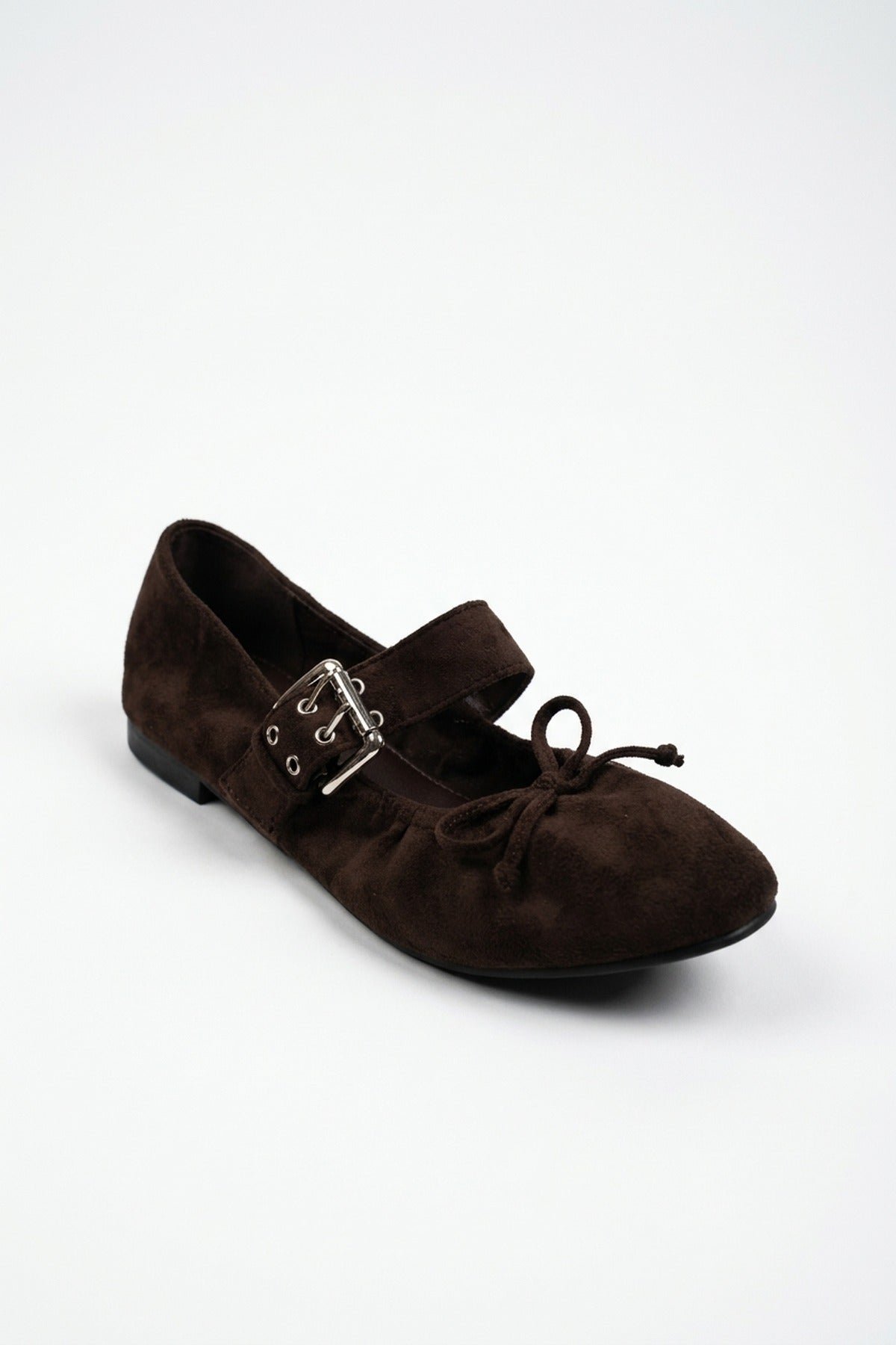 Pearl Ruched Buckle Strap Ballet Flats - Brown