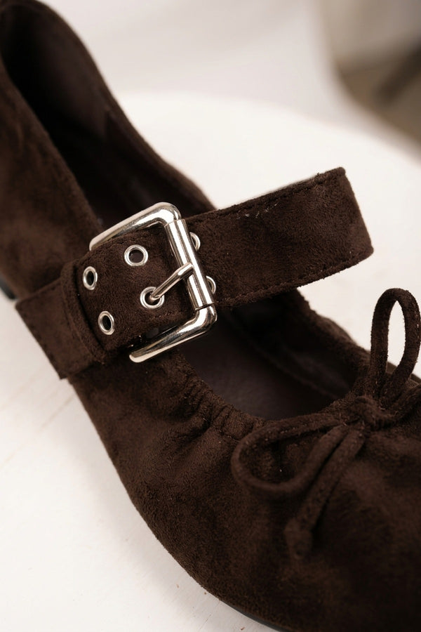 Pearl Ruched Buckle Strap Ballet Flats - Brown