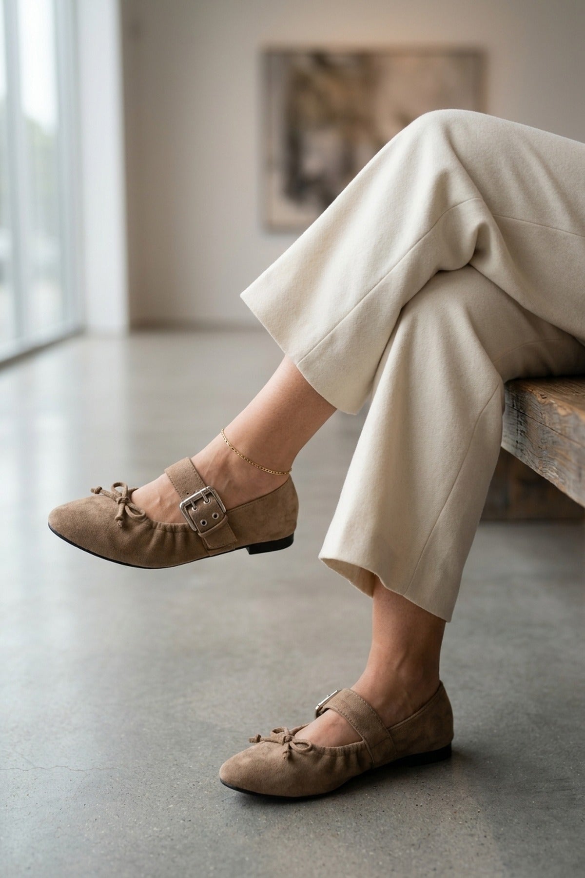 Pearl Ruched Buckle Strap Ballet Flats - Khaki