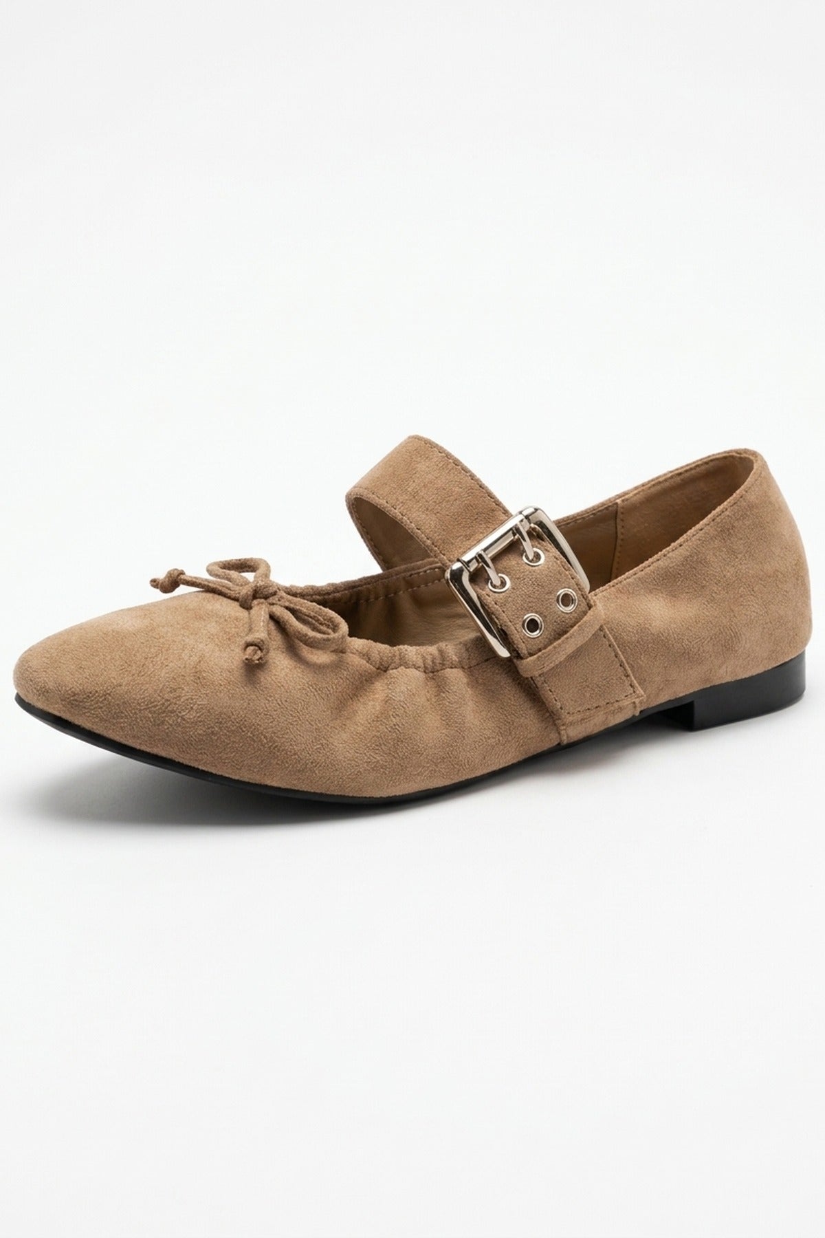 Pearl Ruched Buckle Strap Ballet Flats - Khaki