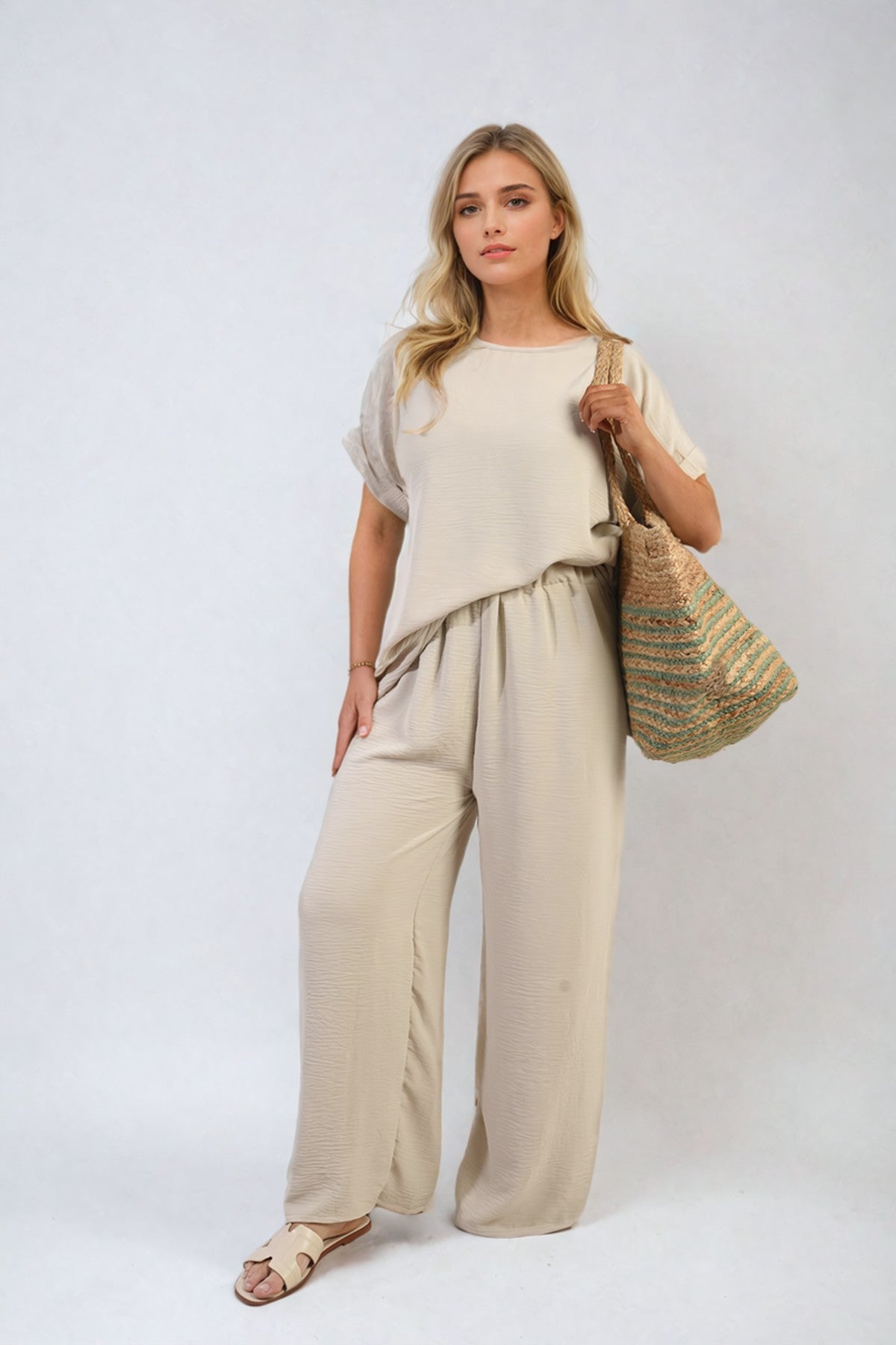 Hailey Oversized Top And Wide Leg Trousers Co-ord Set - Beige