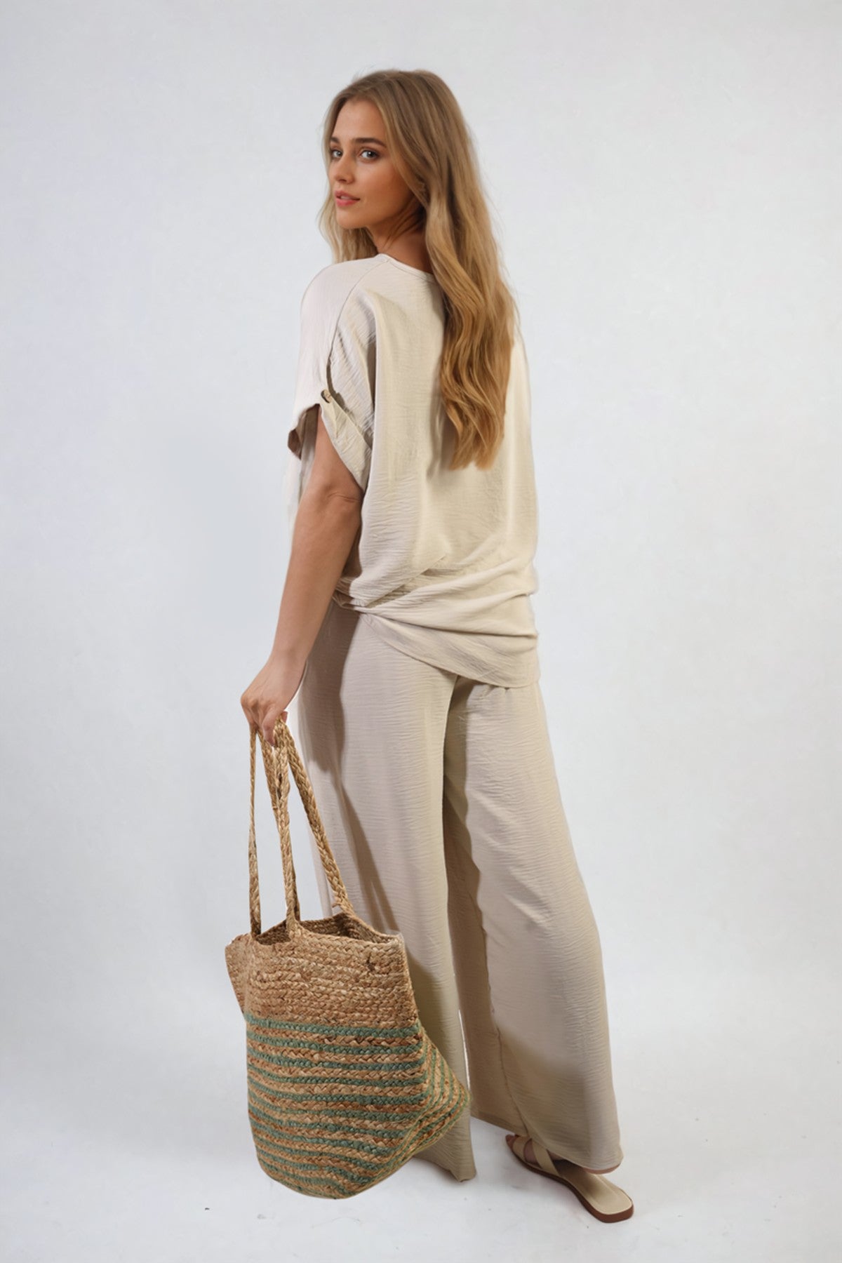 Hailey Oversized Top And Wide Leg Trousers Co-ord Set - Beige