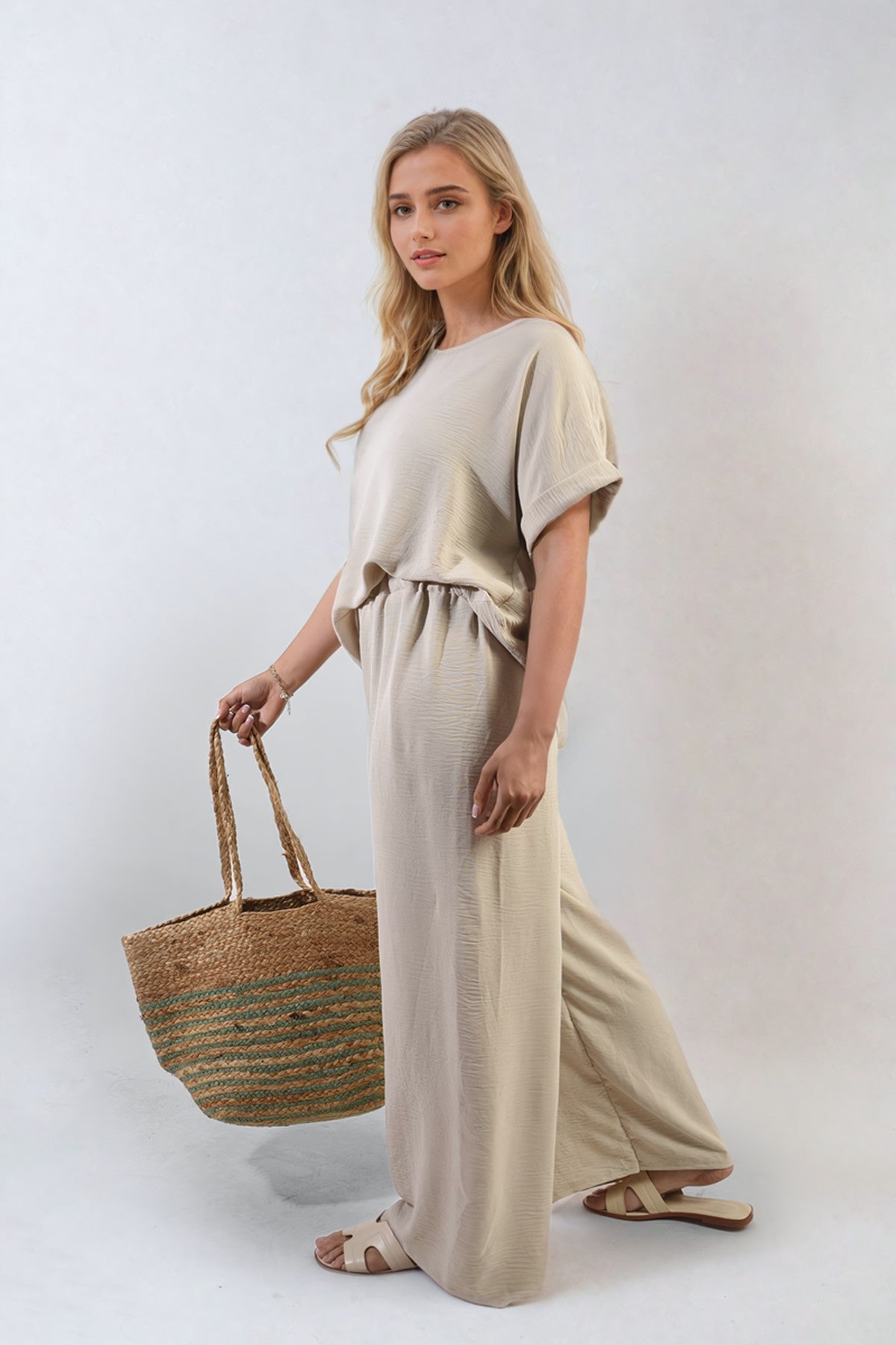 Hailey Oversized Top And Wide Leg Trousers Co-ord Set - Beige