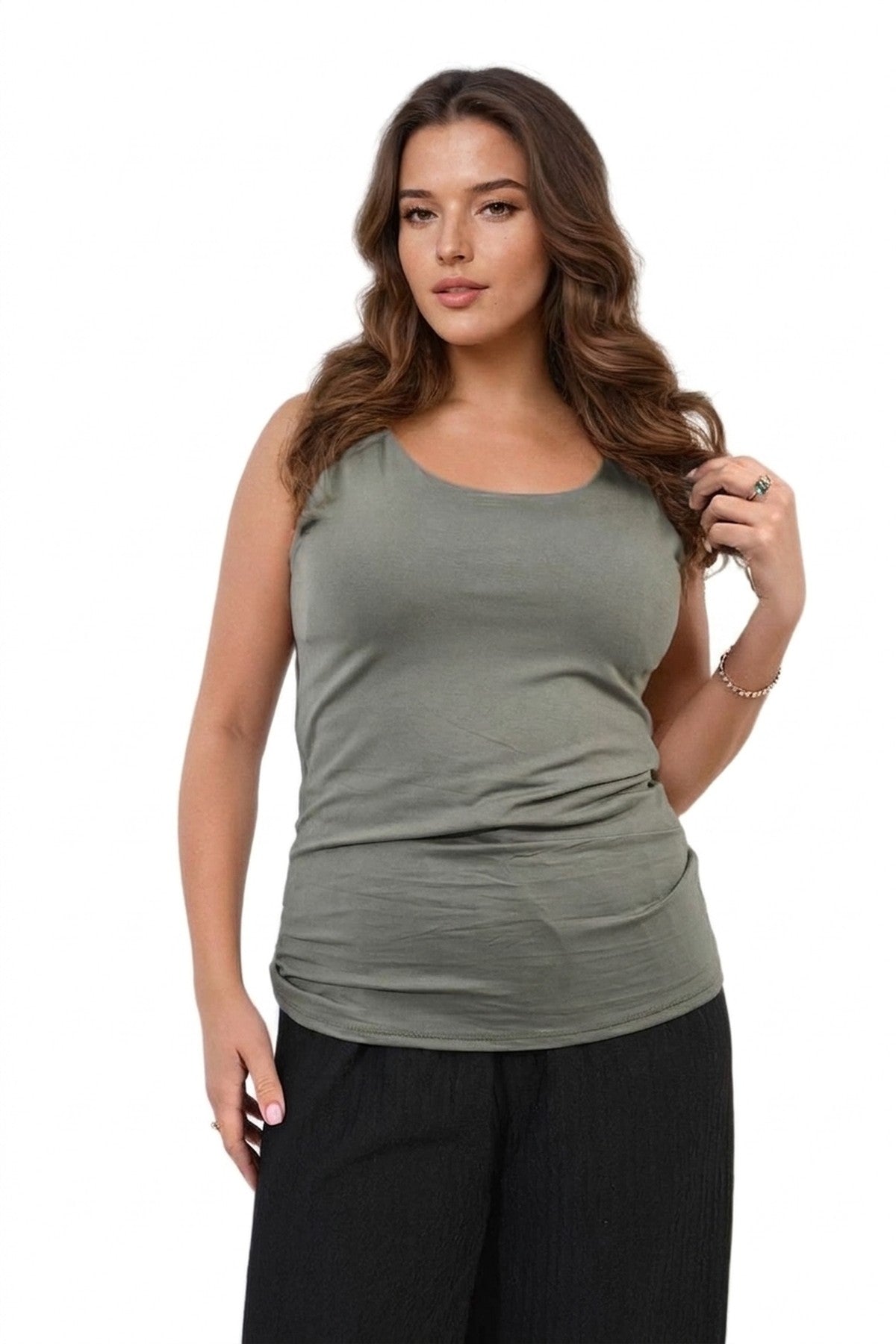 Hallie Scoop Neck Tank Top - Khaki_wb
