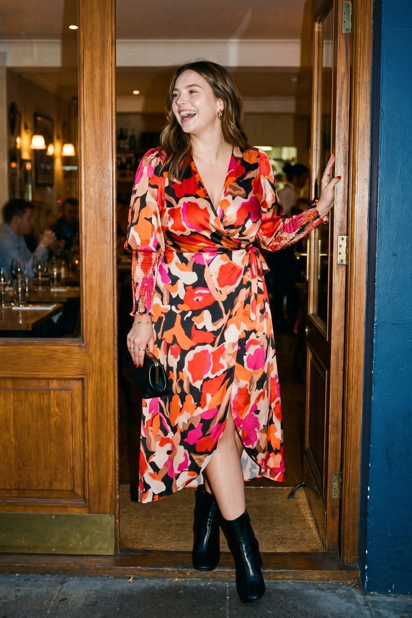 Haniya Wrap Front Printed Midi Dress - Black