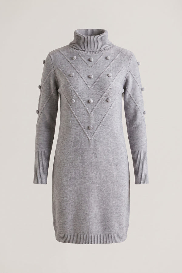 Ivanya High Neck Long Sleeve Knitted Jumper Dress With Bobble Detail - Grey