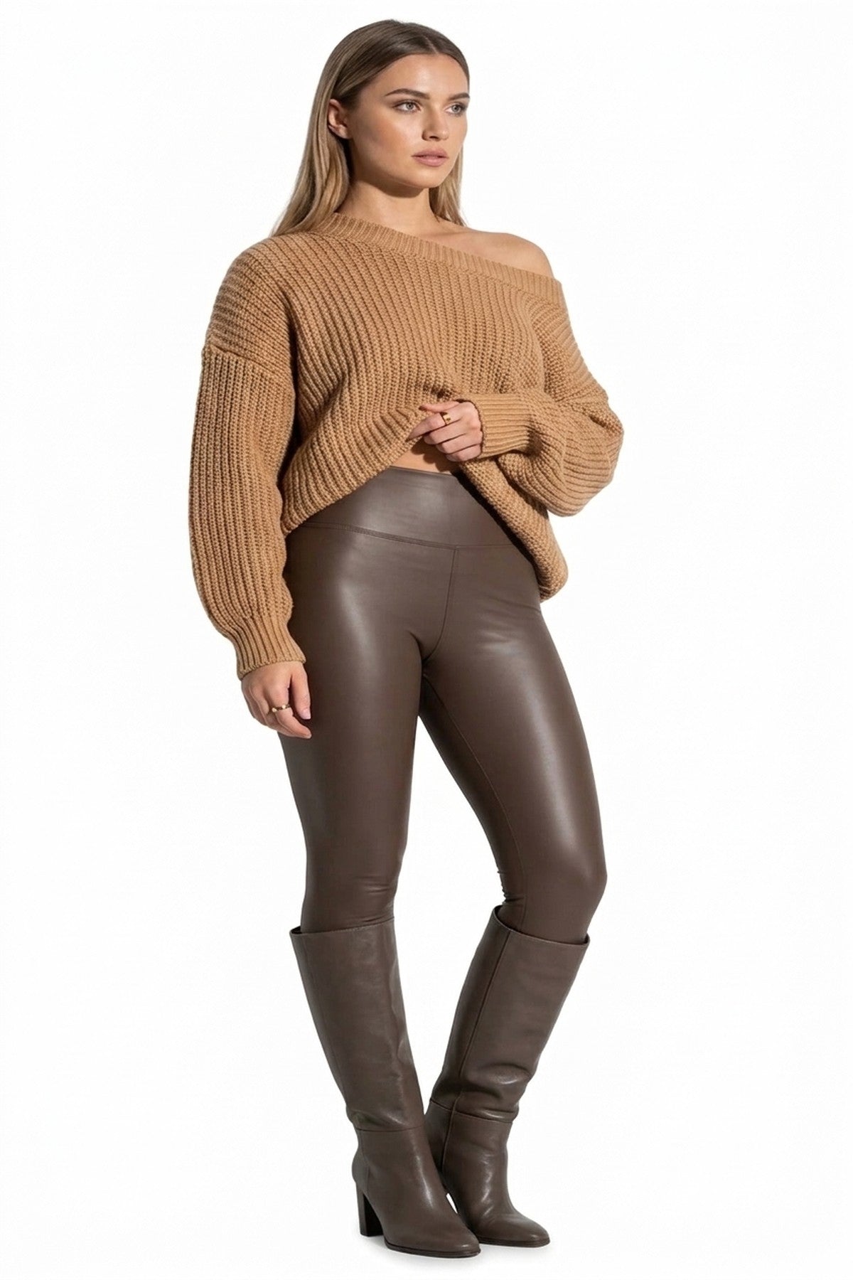 Serina High Waisted Faux Leather Leggings - Brown