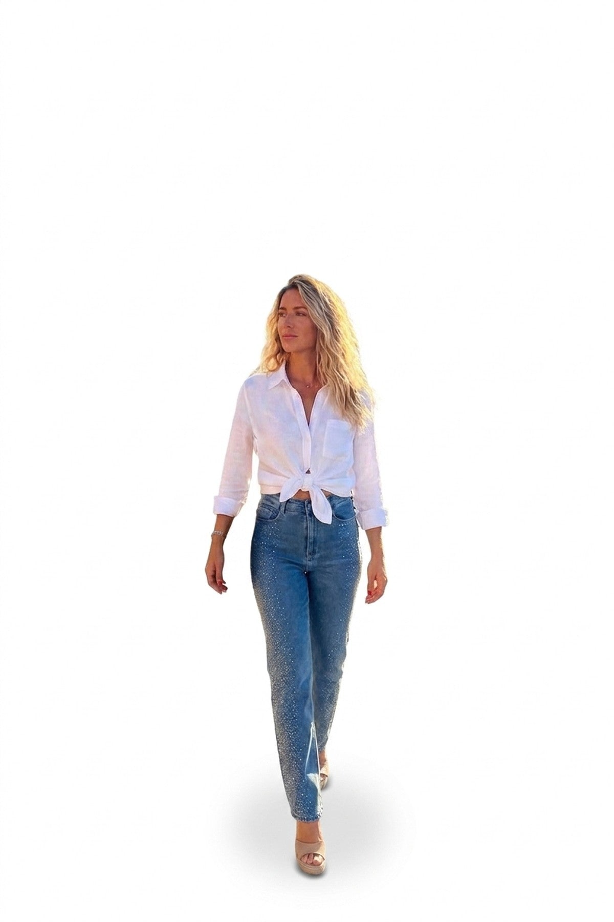 Elyndra High Waisted Sparkle Straight Leg Jeans - Denim_wb