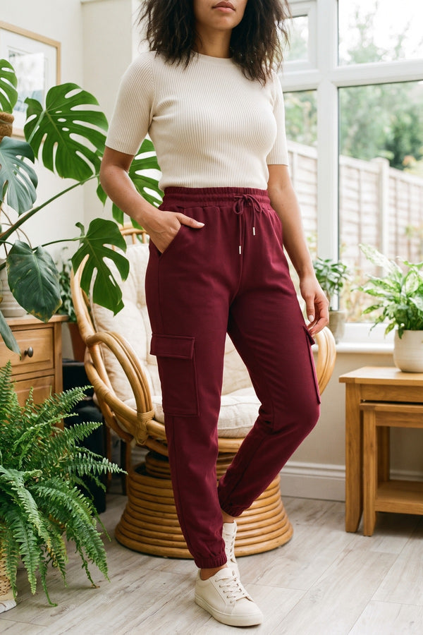 Holly Fleece Lined Cargo Pocket Trouser With Drawstring - Wine