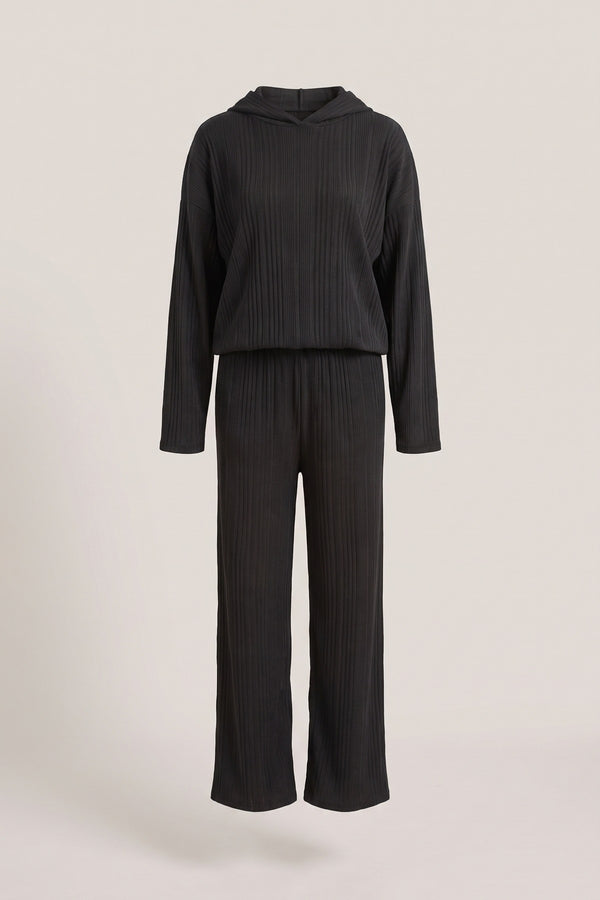 Zayana Hooded Ribbed Oversized Top And Wide Leg Lounge Co-ord Set - Black