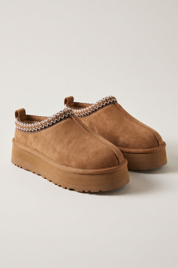 Jolene Aztec Detail Low Ankle Platform Slipper Boots - Chestnut