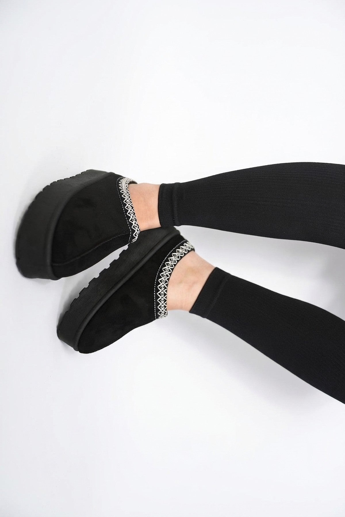 Jolene Aztec Detail Low Ankle Platform Slipper Boots - Black
