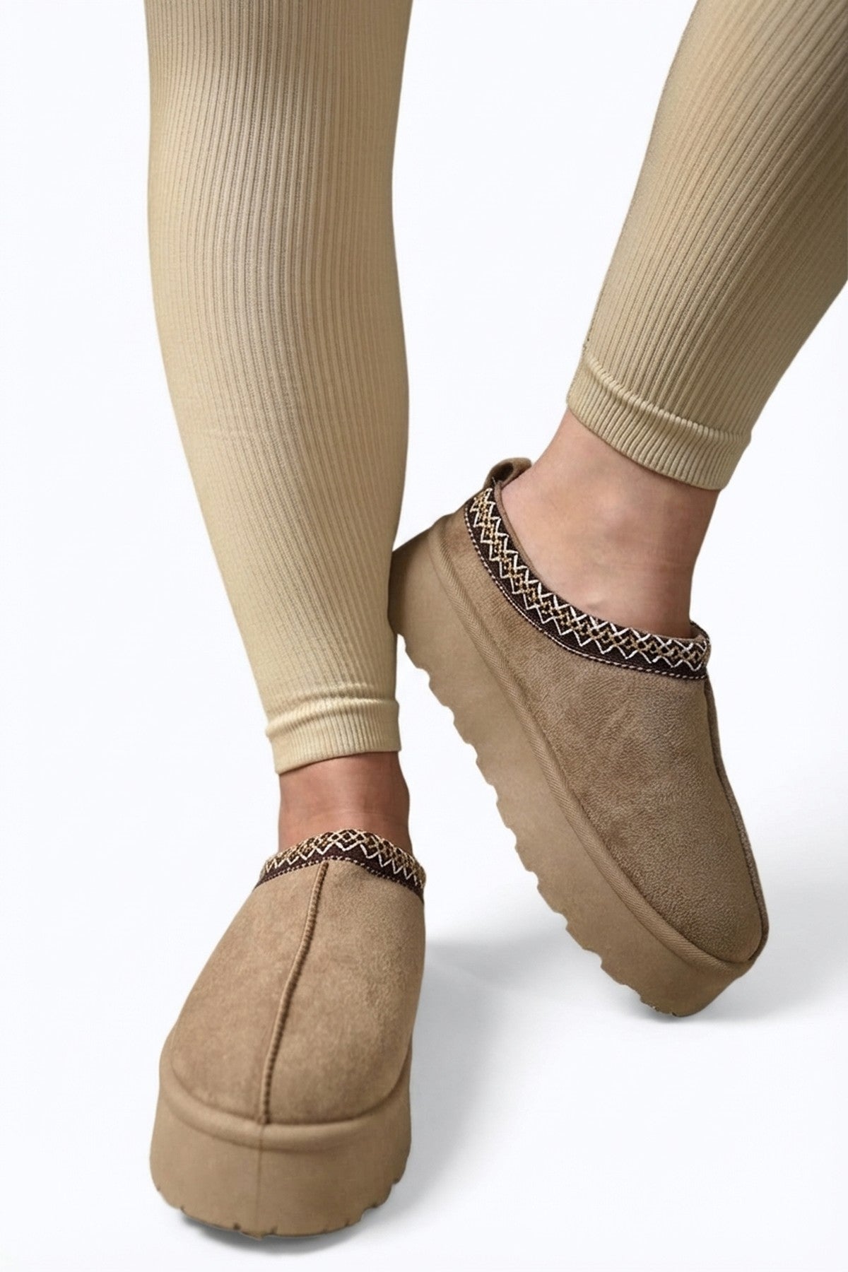 Jolene Aztec Detail Low Ankle Platform Slipper Boots - Camel
